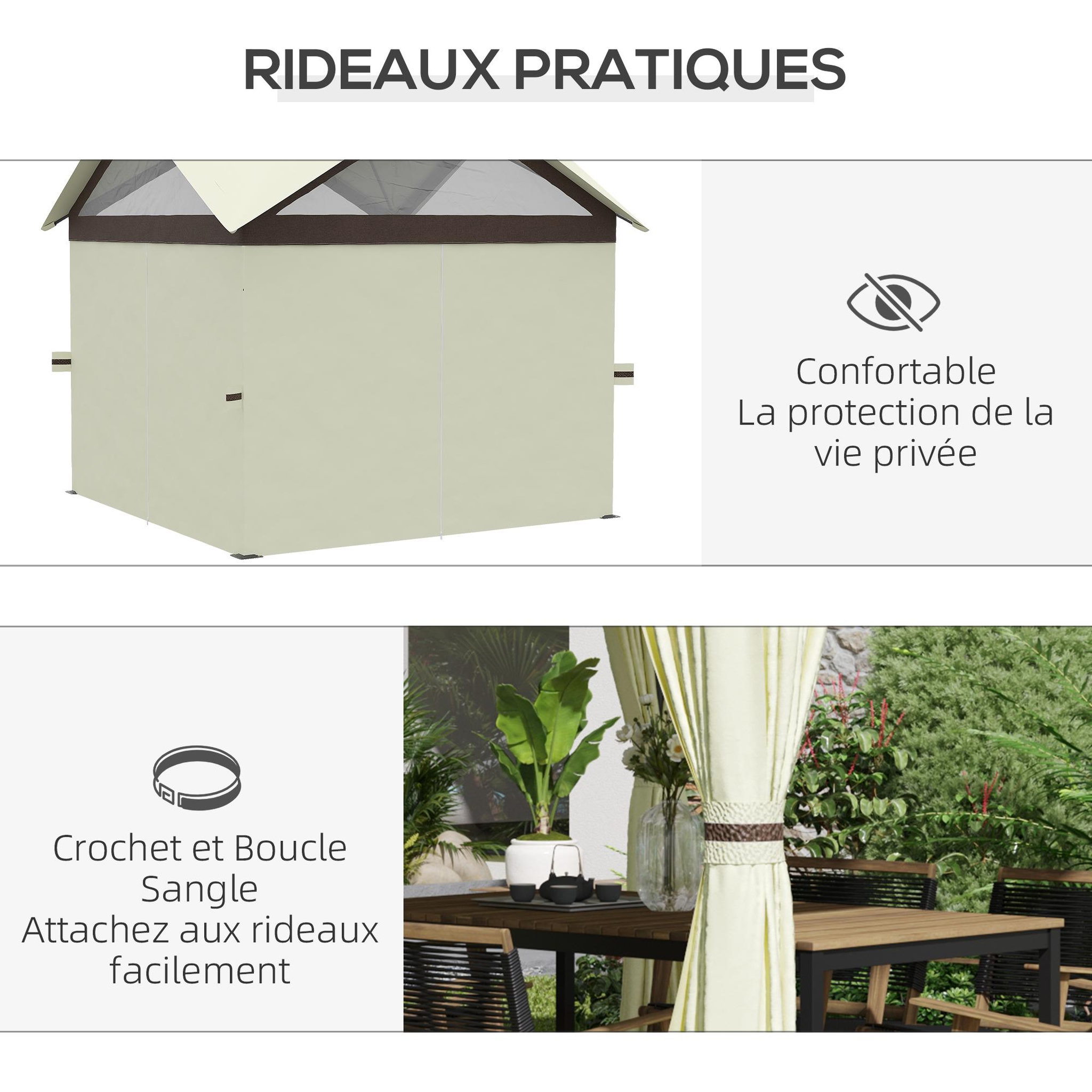 Voir la diapositive 5 : OUTSUNNY Pavillon de jardin style colonial - barnum double toit, 4 fenêtres, rideaux - dim. 3,5L x 3,5l x 3,33H m - métal noir polyester marron beige