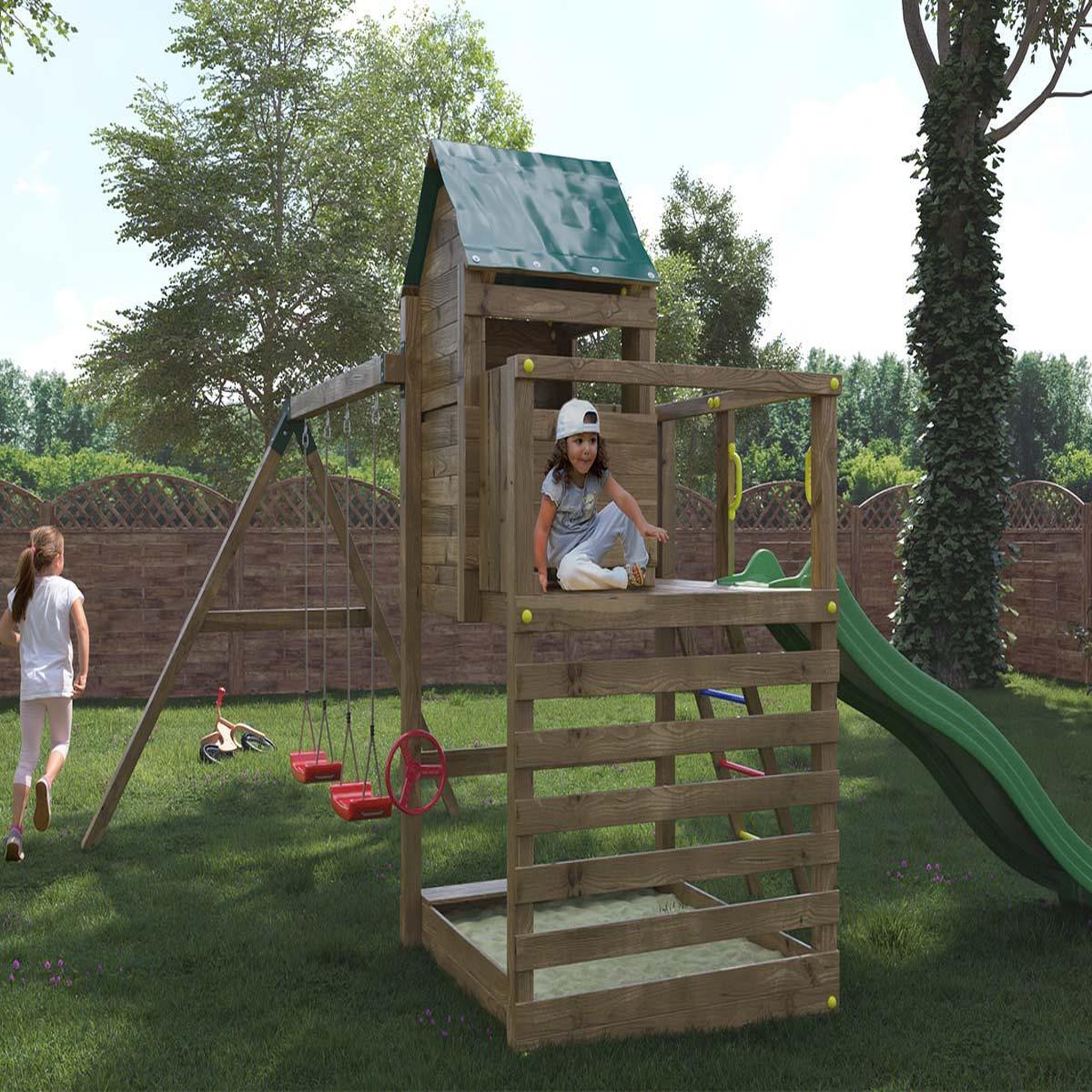 Voir la diapositive 2 : Fungoo Aire de jeux jarcas avec balançoire double - toboggan vert - fungoo