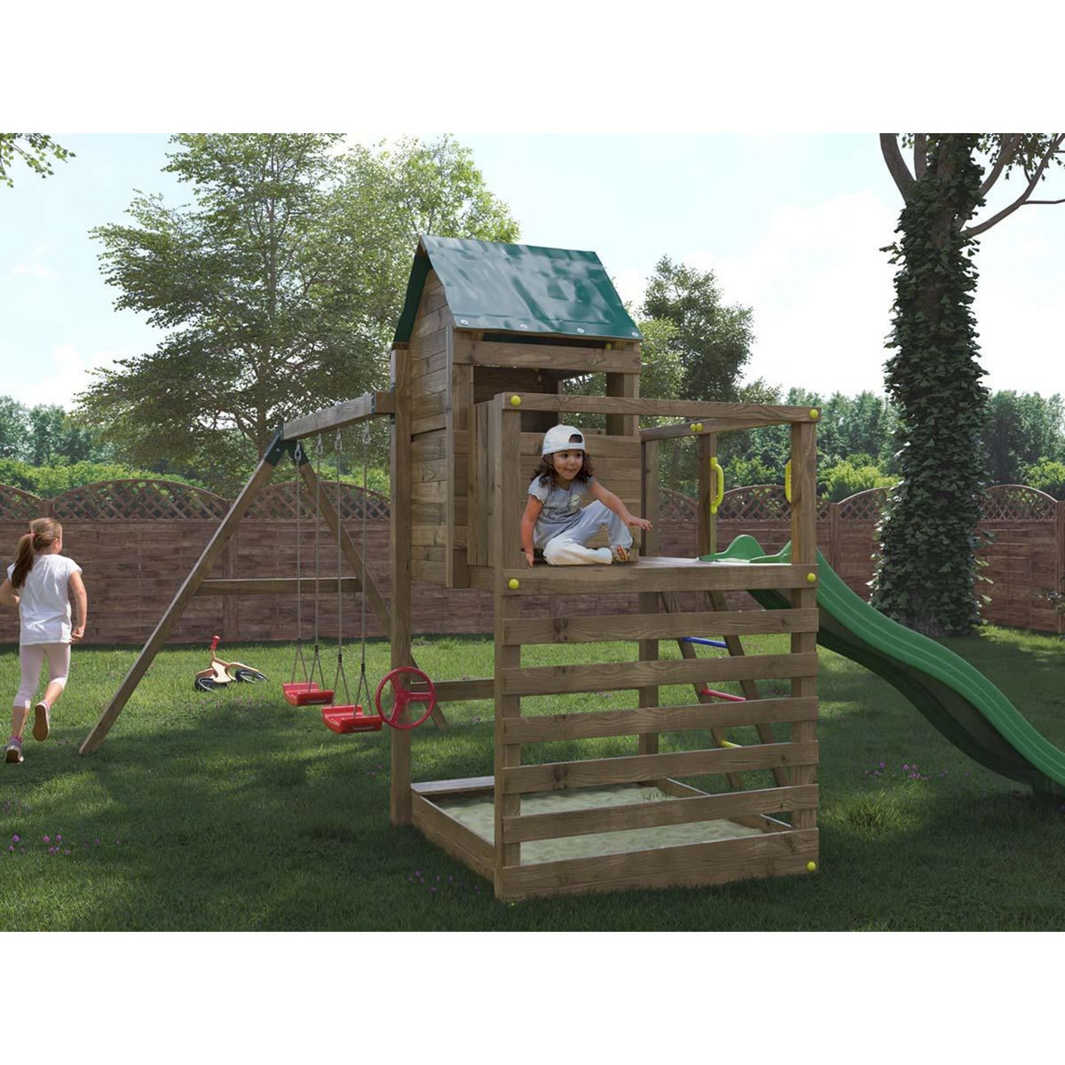 Fungoo Aire de jeux Jarcas avec balançoire double - Toboggan Vert - Fungoo