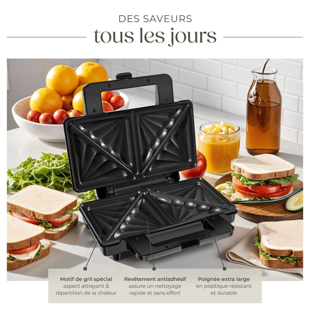 tectake Appareil à sandwichs avec boîtier en aluminium résistant à la chaleur, 1000 W argent