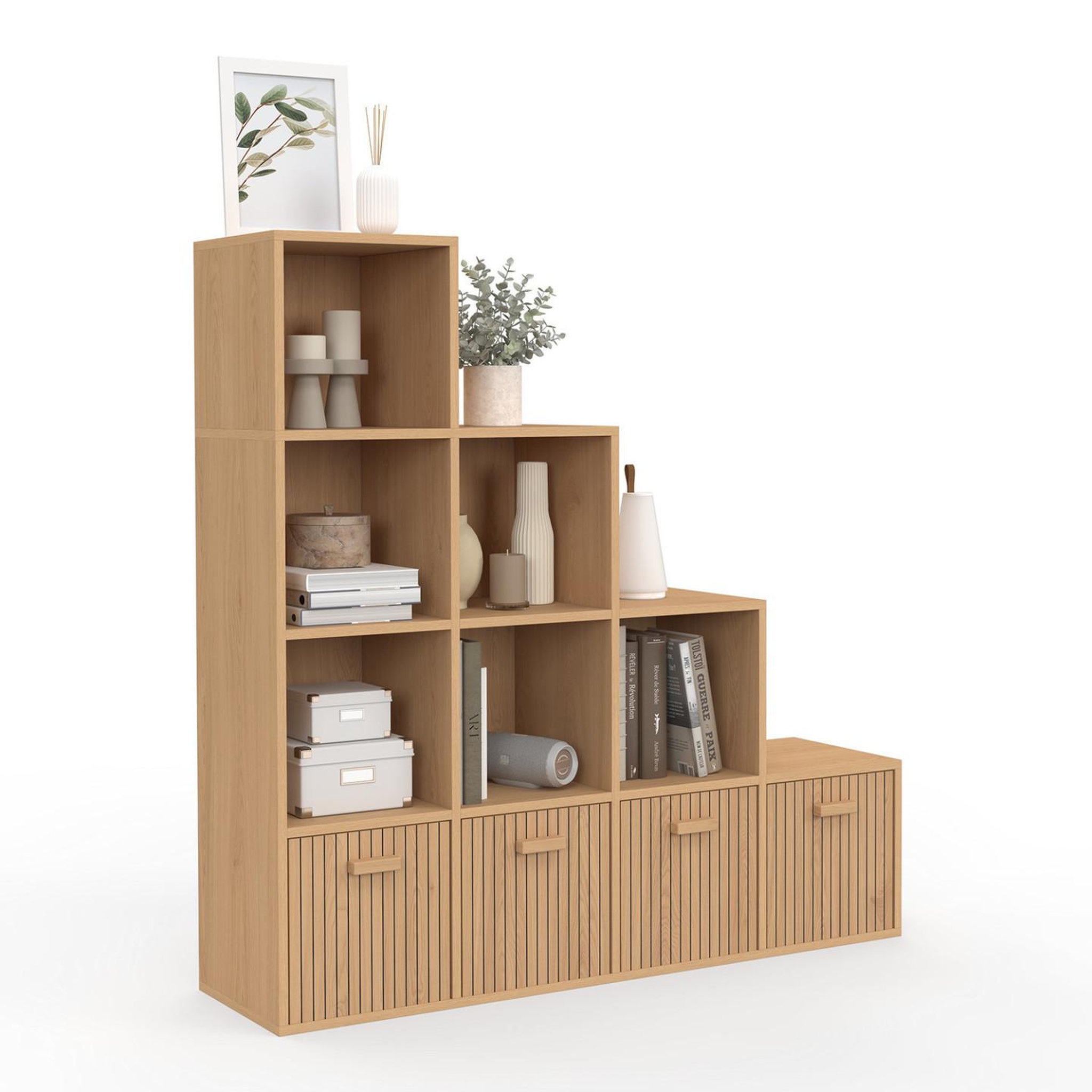 ID MARKET Meuble de rangement en escalier LORYS 4 niveaux effet lattes JULIETTE avec 4 tiroirs en tissu