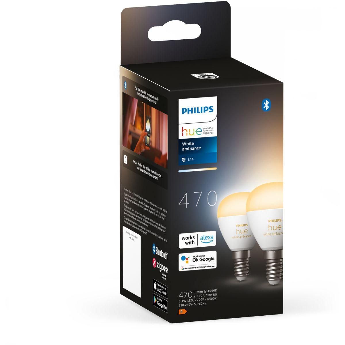 Philips Ampoule LED connectée HUE White Ambiance E14 Luster 5.1W x2