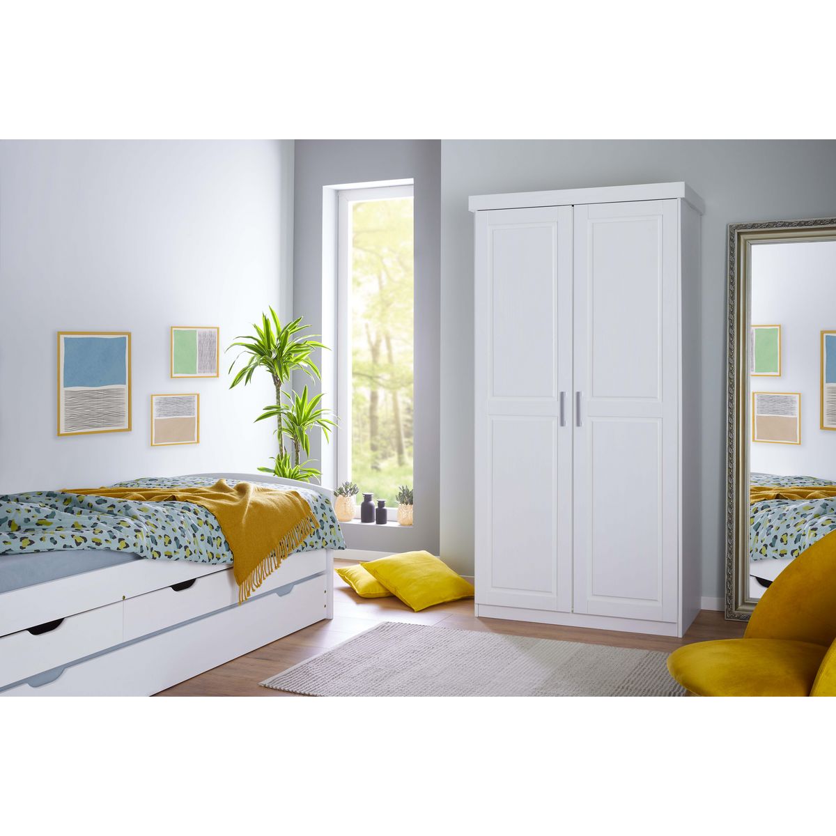 Armoire de chambre 2 portes avec penderie en pin massif blanc ULLI