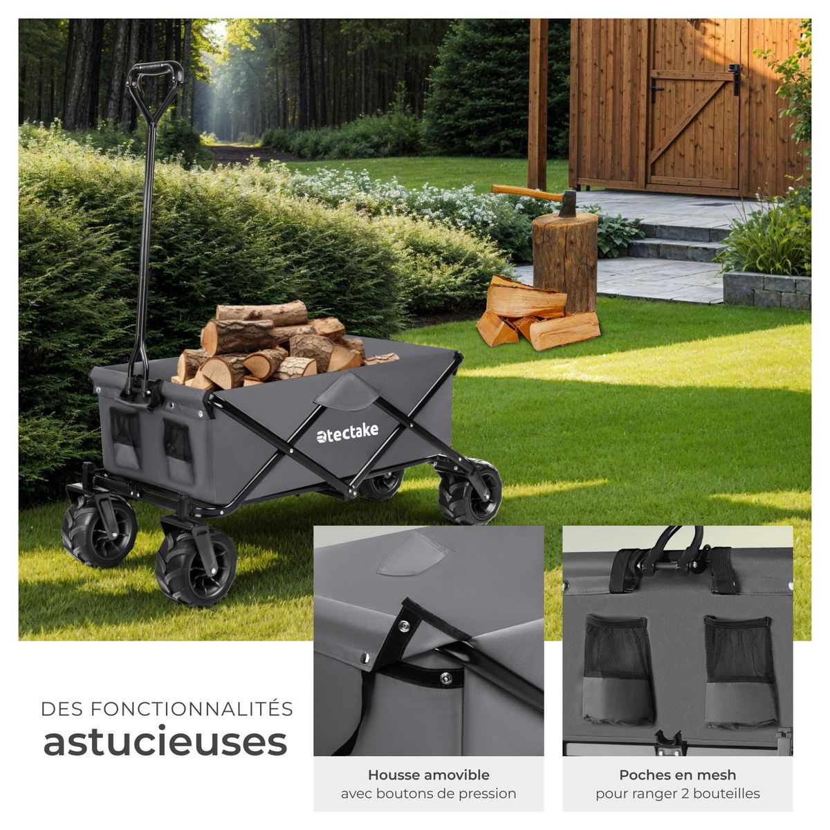 tectake Chariot de jardin et de transport pliable gris