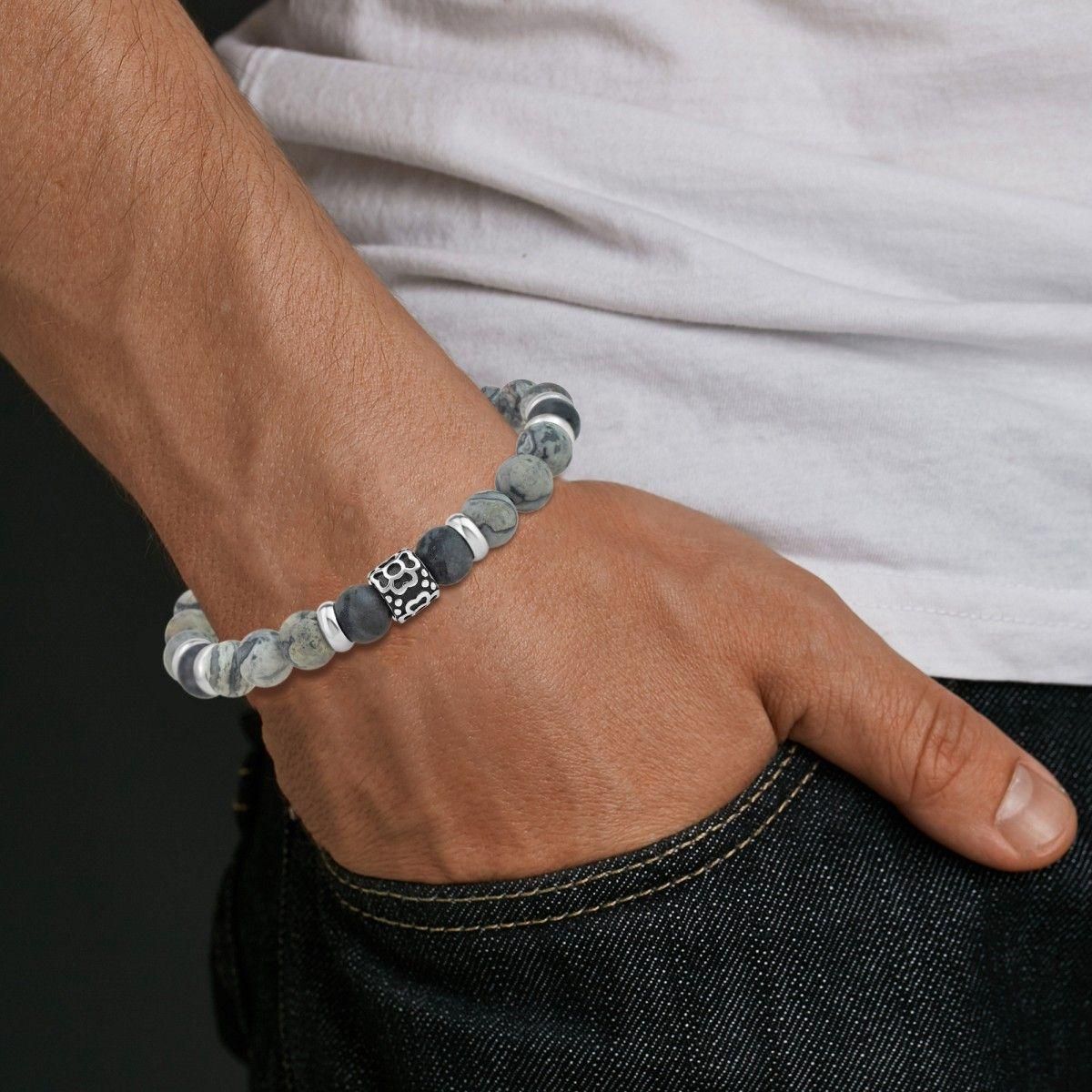 SC CRYSTAL Bracelet homme par SC Crystal orné de jaspe gris et agate noire