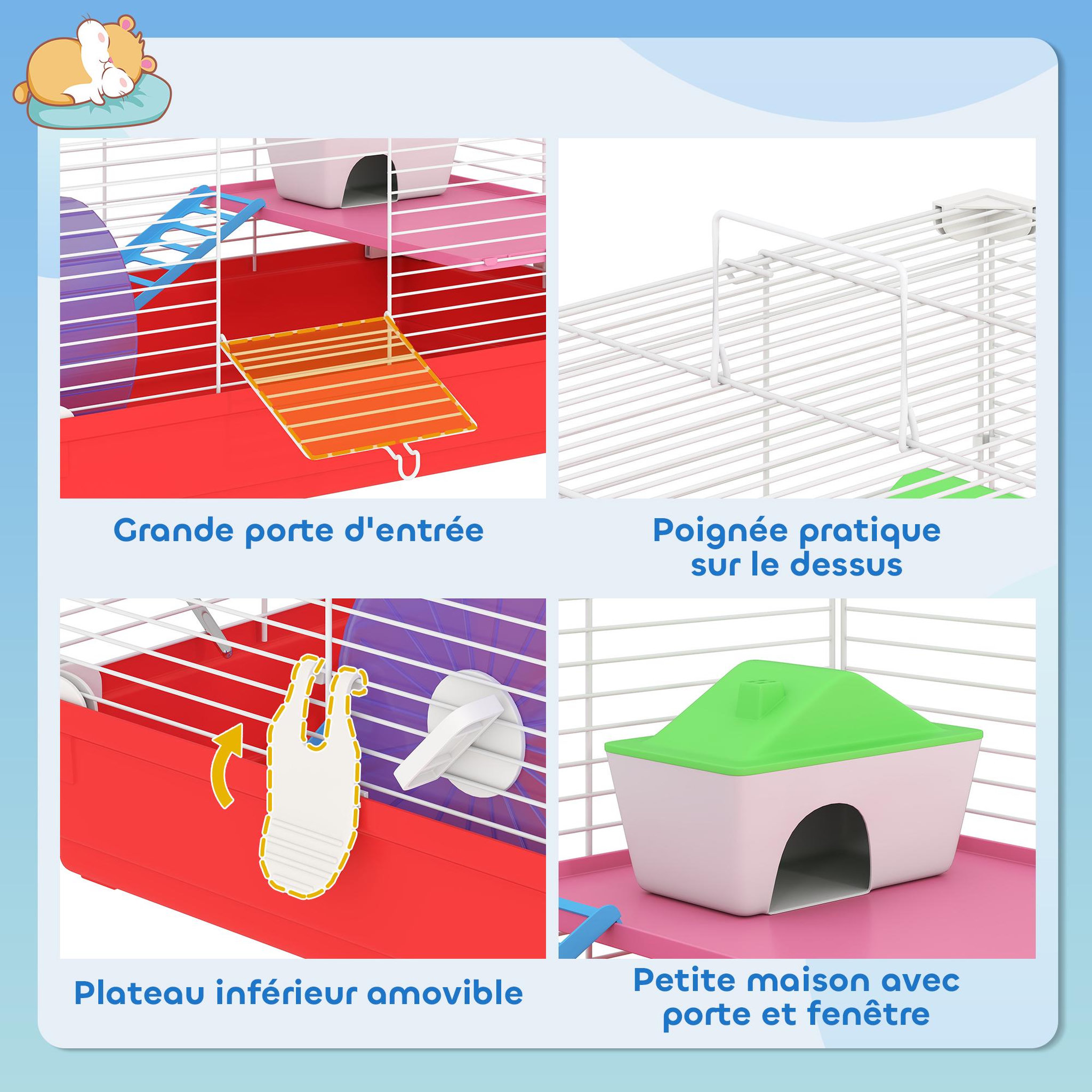 Voir la diapositive 6 : PAWHUT Cage rongeur hamster 2 niveaux cabane roue échelle biberon mangeoire 47 x 30 x 27 cm blanc rouge
