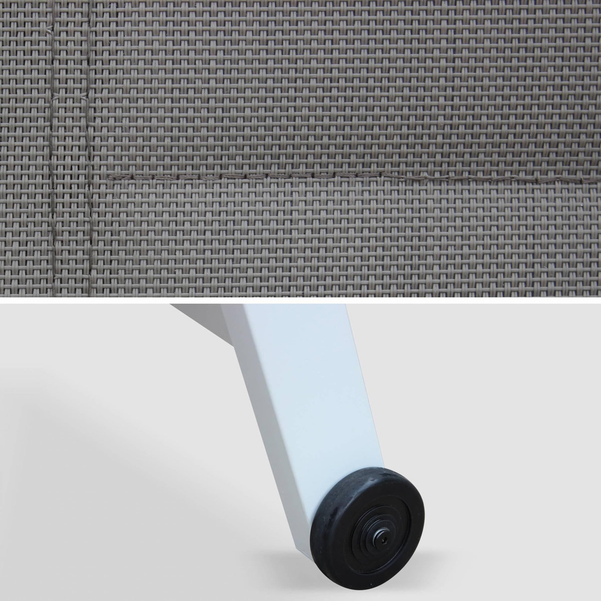 SWEEEK bain de soleil - Solis - Transat textilène matelassé et aluminium 6 positions. structure blanche. textilène taupe