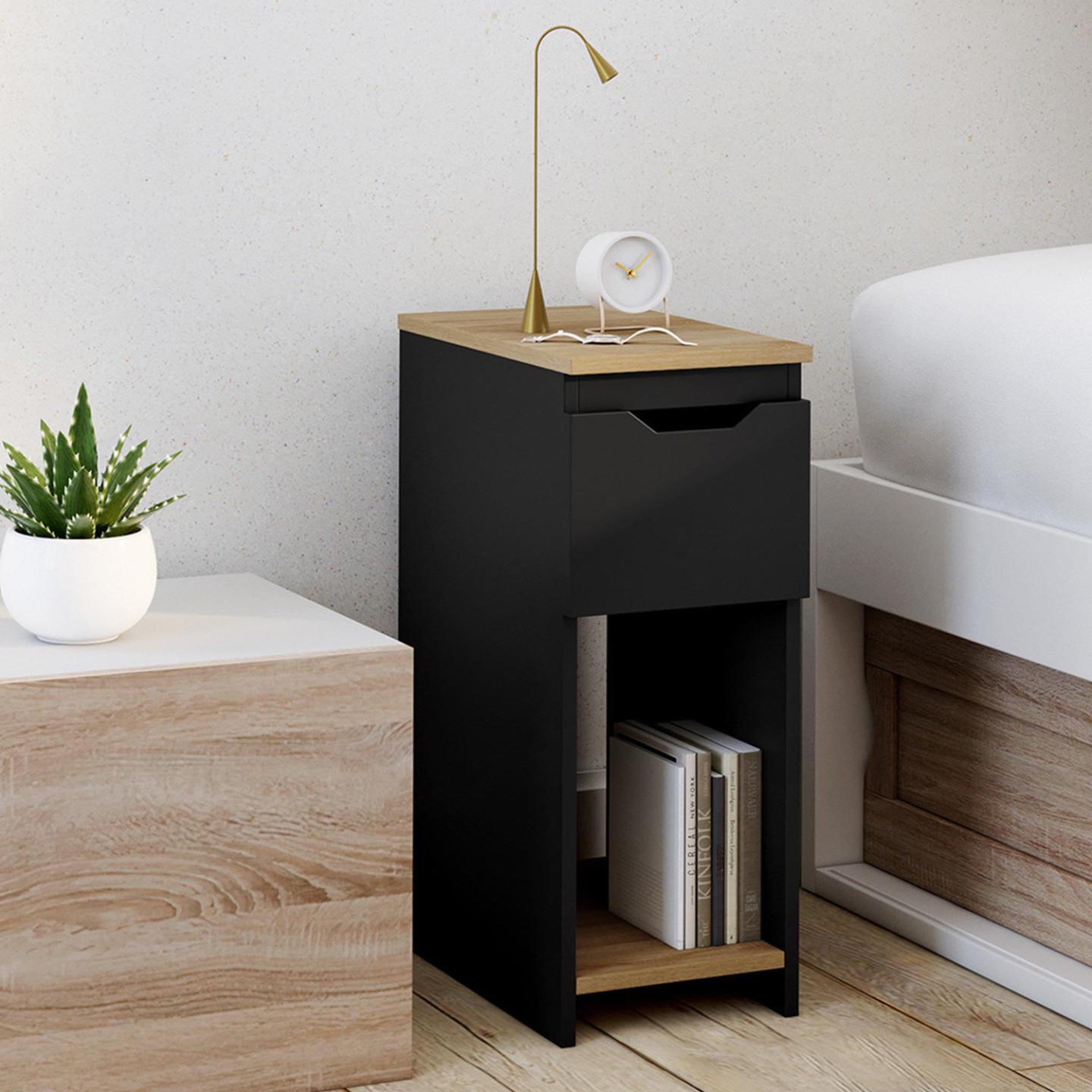 Voir la diapositive 2 : ID MARKET Lot de 2 tables de chevet étroites anouk 1 tiroir avec niche noir et bois