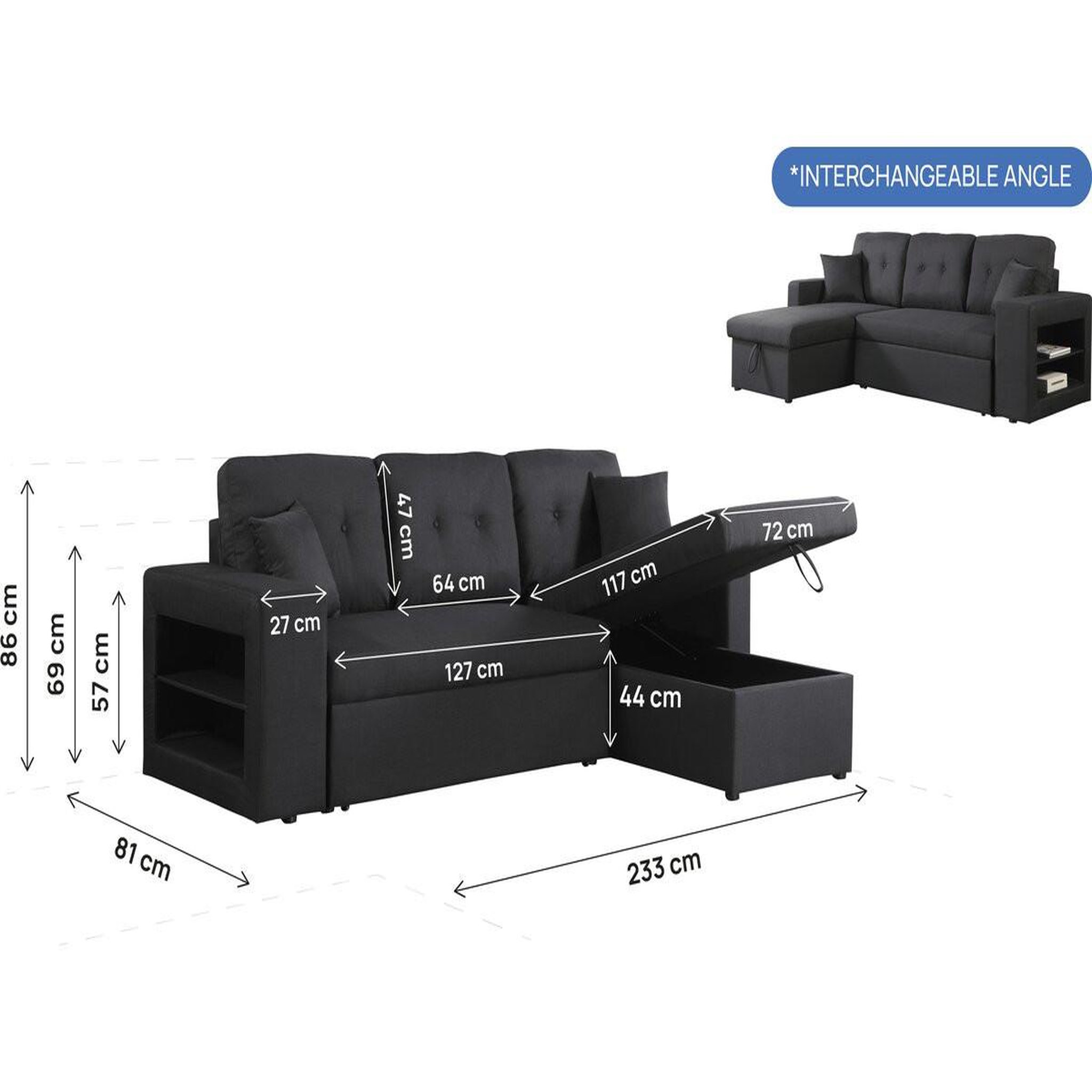 Voir la diapositive 4 : Habitat et Jardin Canapé d'angle convertible/réversible  axel  - 3 places - noir