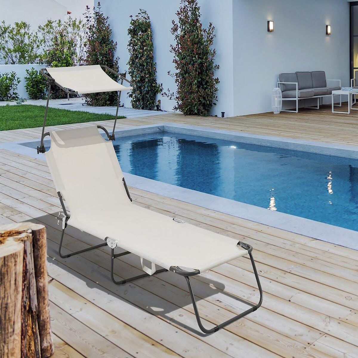 Habitat et Jardin Bain de soleil pliable  Lazy  - Avec pare soleil - Beige