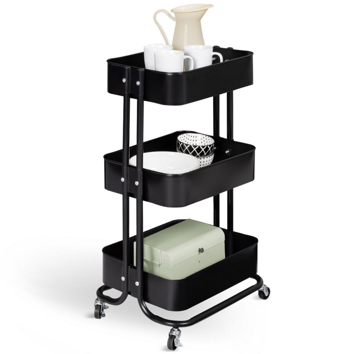 ID MARKET Chariot 3 niveaux desserte étagère de rangement à roulettes acier noir