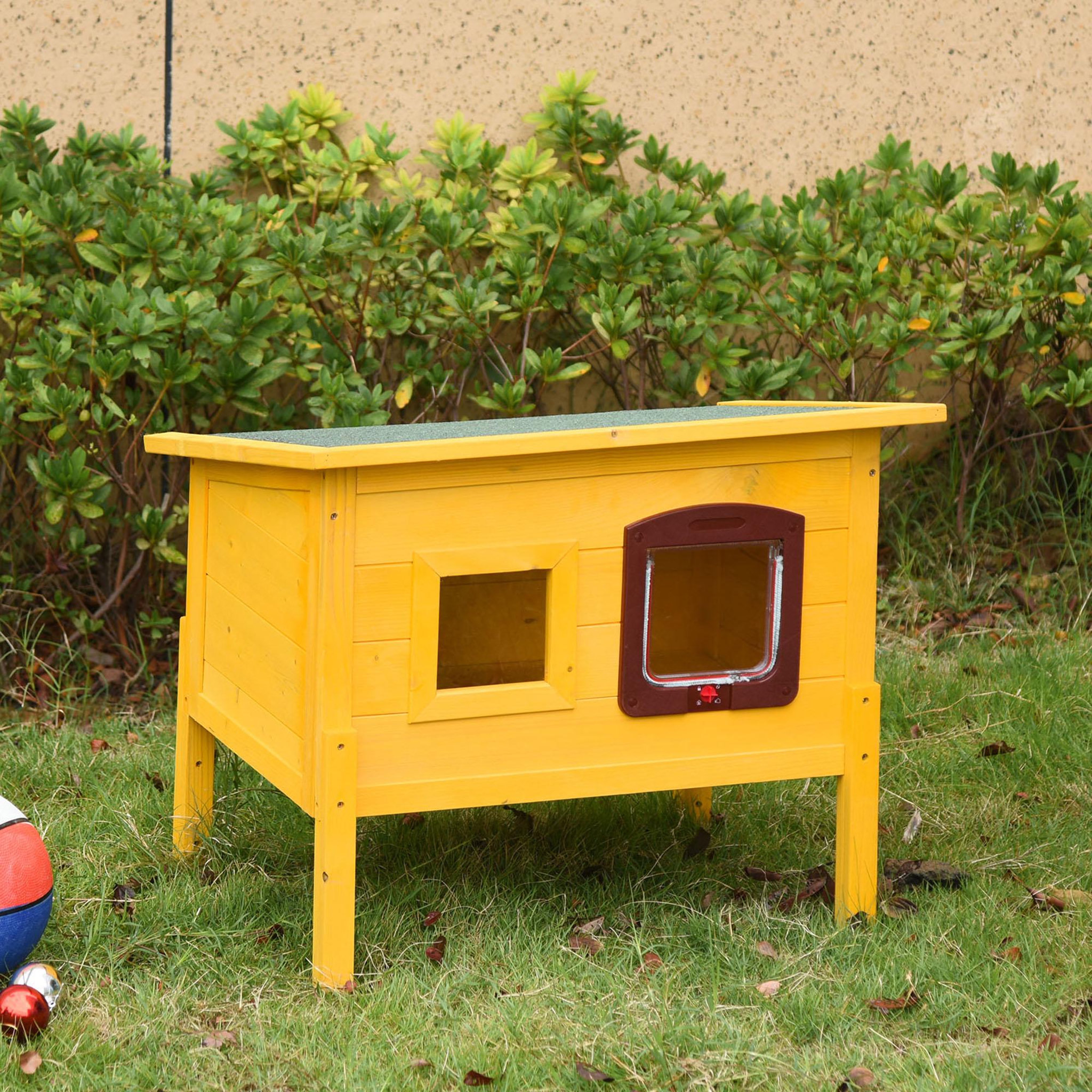 Voir la diapositive 2 : PAWHUT Maison niche pour chat sur pied toit bitumé ouvrant porte fenêtre bois verni