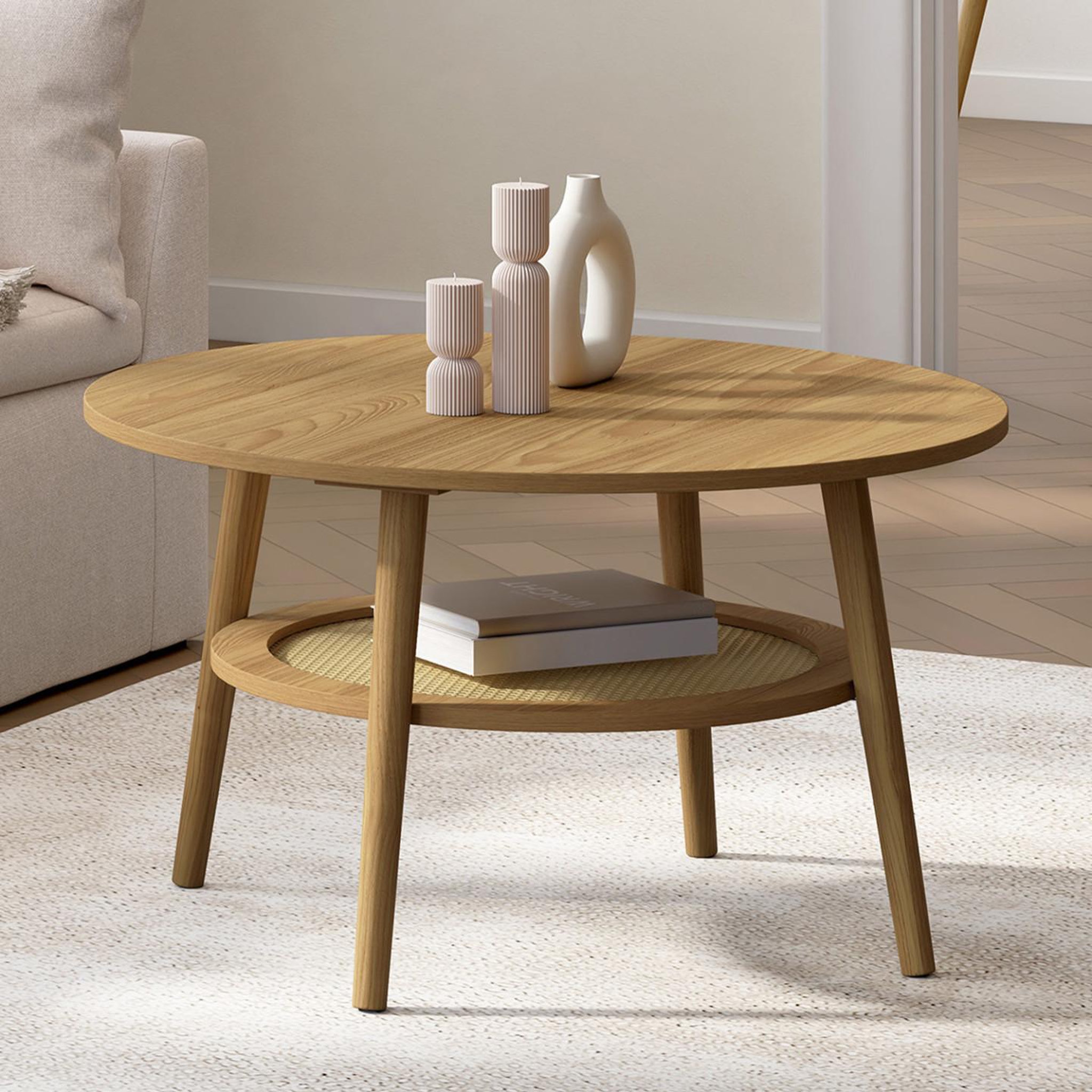 Voir la diapositive 2 : ID MARKET Table basse ronde hanae 70 cm bois façon hêtre et plateau effet naturel cannage