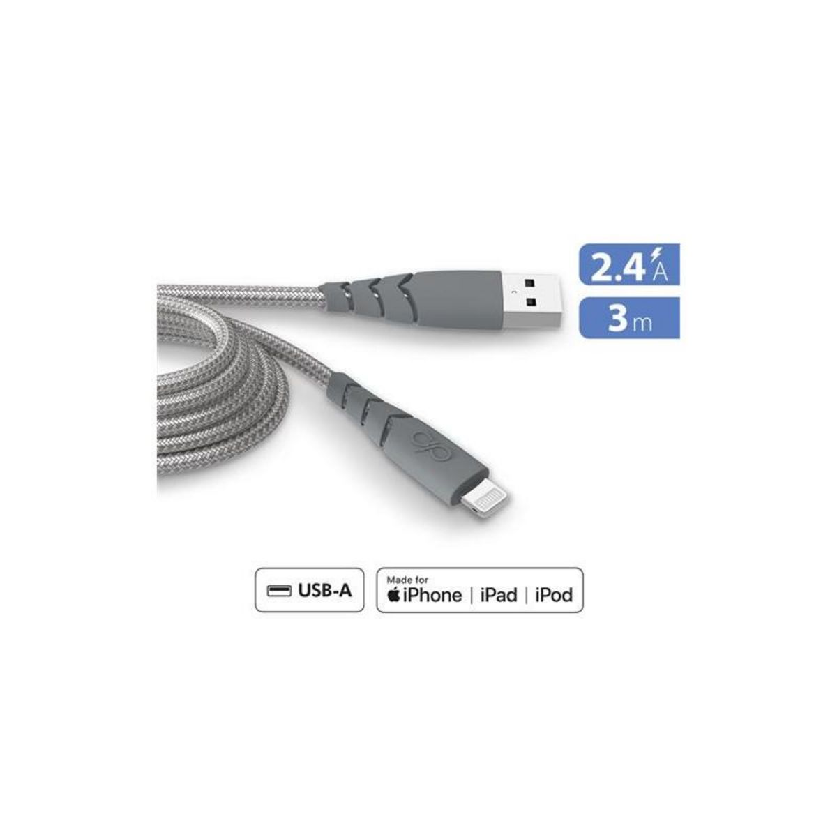 FORCE POWER Câble Force Power CBL Ultra renforcé USB A vers Lightning 3m Gris
