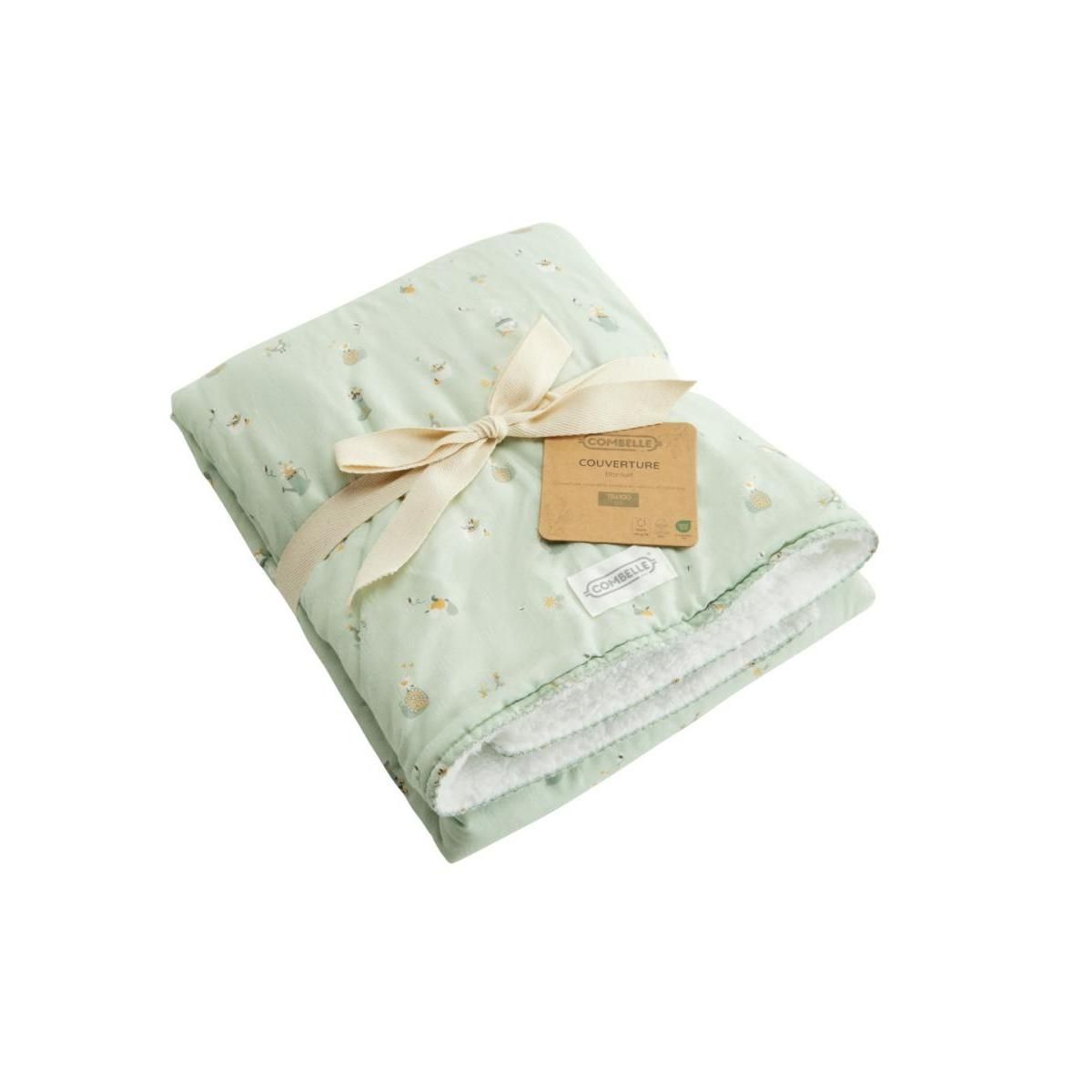 COMBELLE Couverture réversible en coton bio et sherpa - Promenade Bucolique en vert
