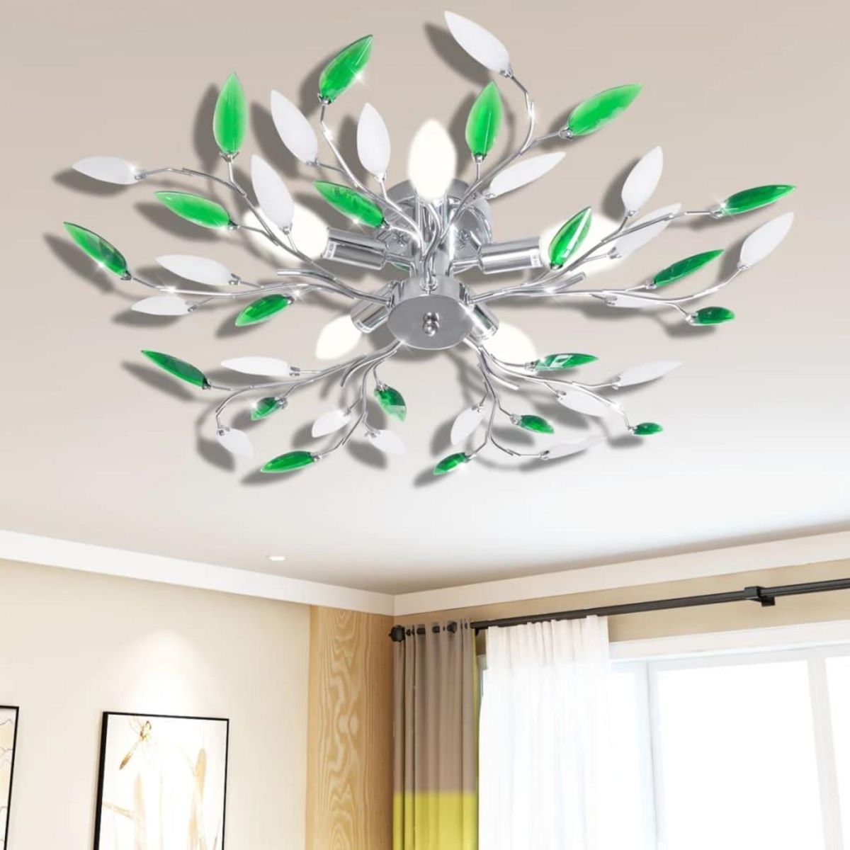 VIDAXL Lampe plafond verte et blanche avec bras crystal pour 5 Ampoules E14