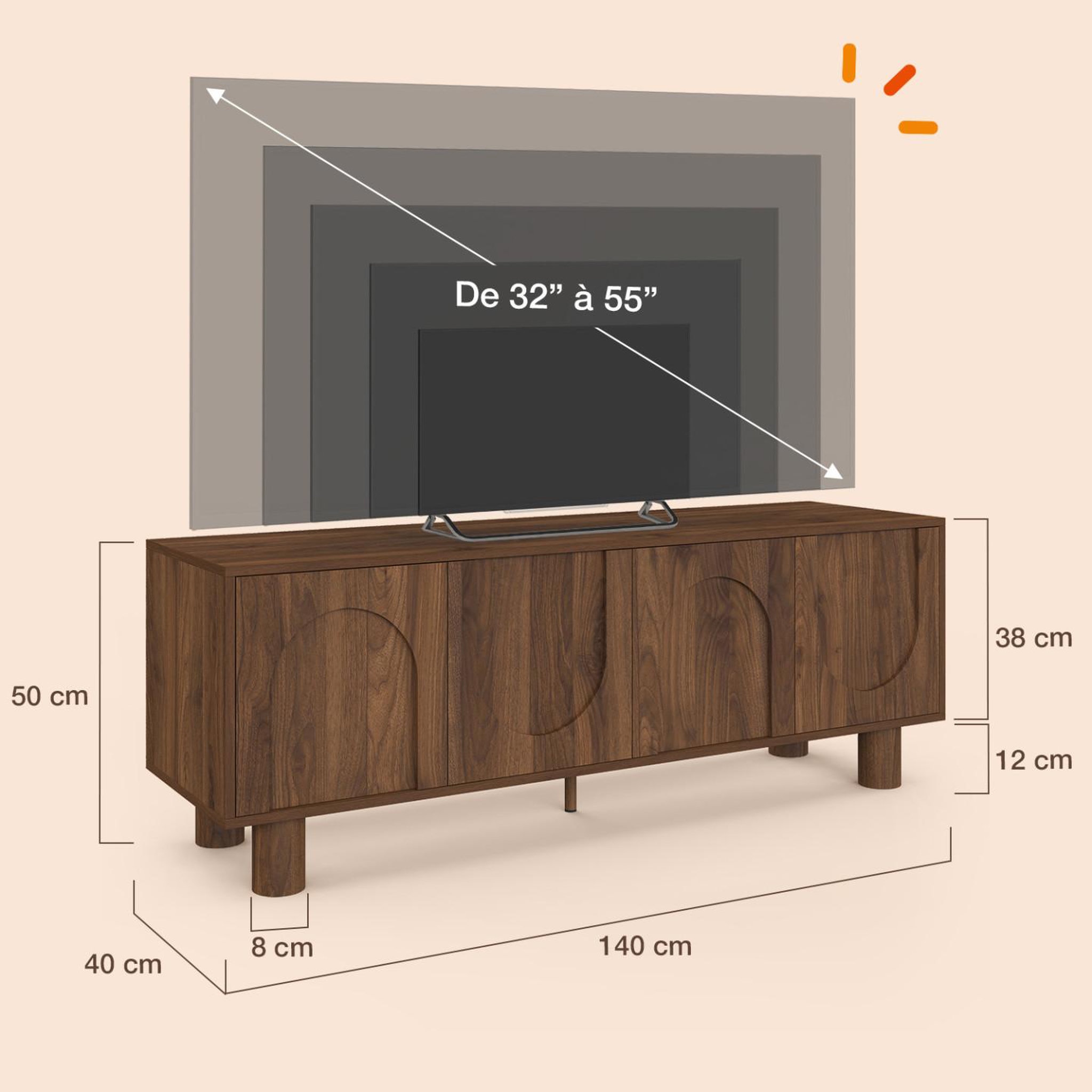 Voir la diapositive 5 : ID MARKET Meuble TV 140 cm ARCHIE 4 portes effet noyer