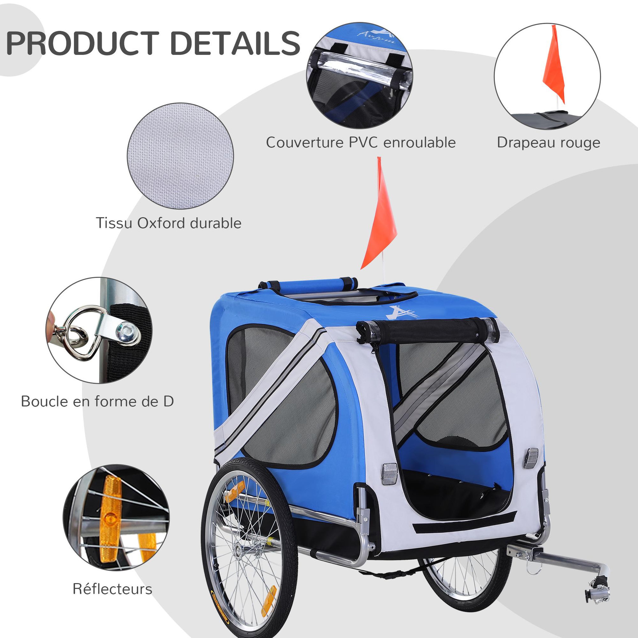 Voir la diapositive 4 : PAWHUT Remorque vélo pour chien animaux pliable 8 réflecteurs drapeau barre attelage inclus acier polyester imperméable max. 30 kg 130l x 73l x 90h cm bleu blanc