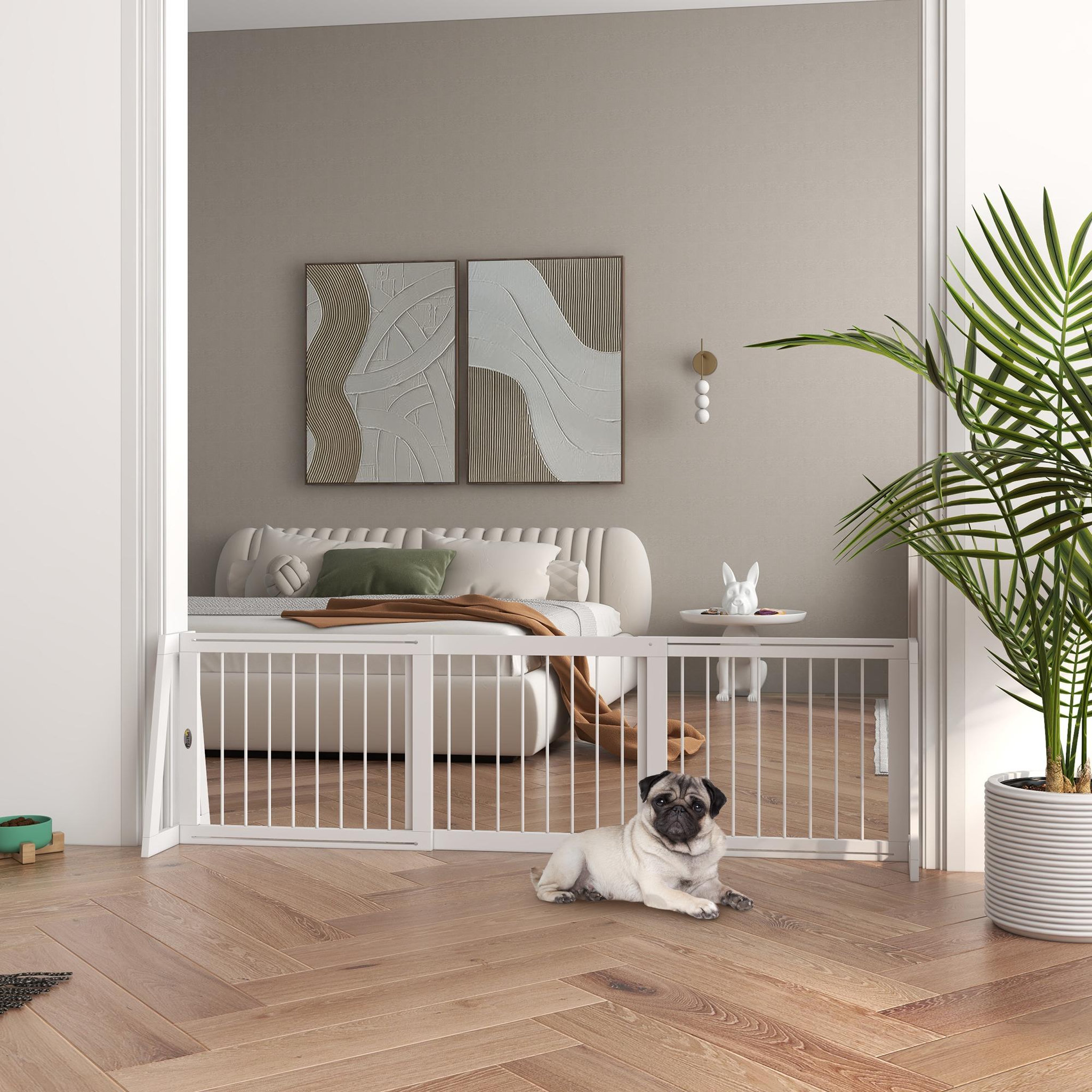 Voir la diapositive 2 : PAWHUT Barrière de sécurité chien 3 panneaux rétractable autoportante dim. 71-190l x 38,5l x 56h cm bois blanc