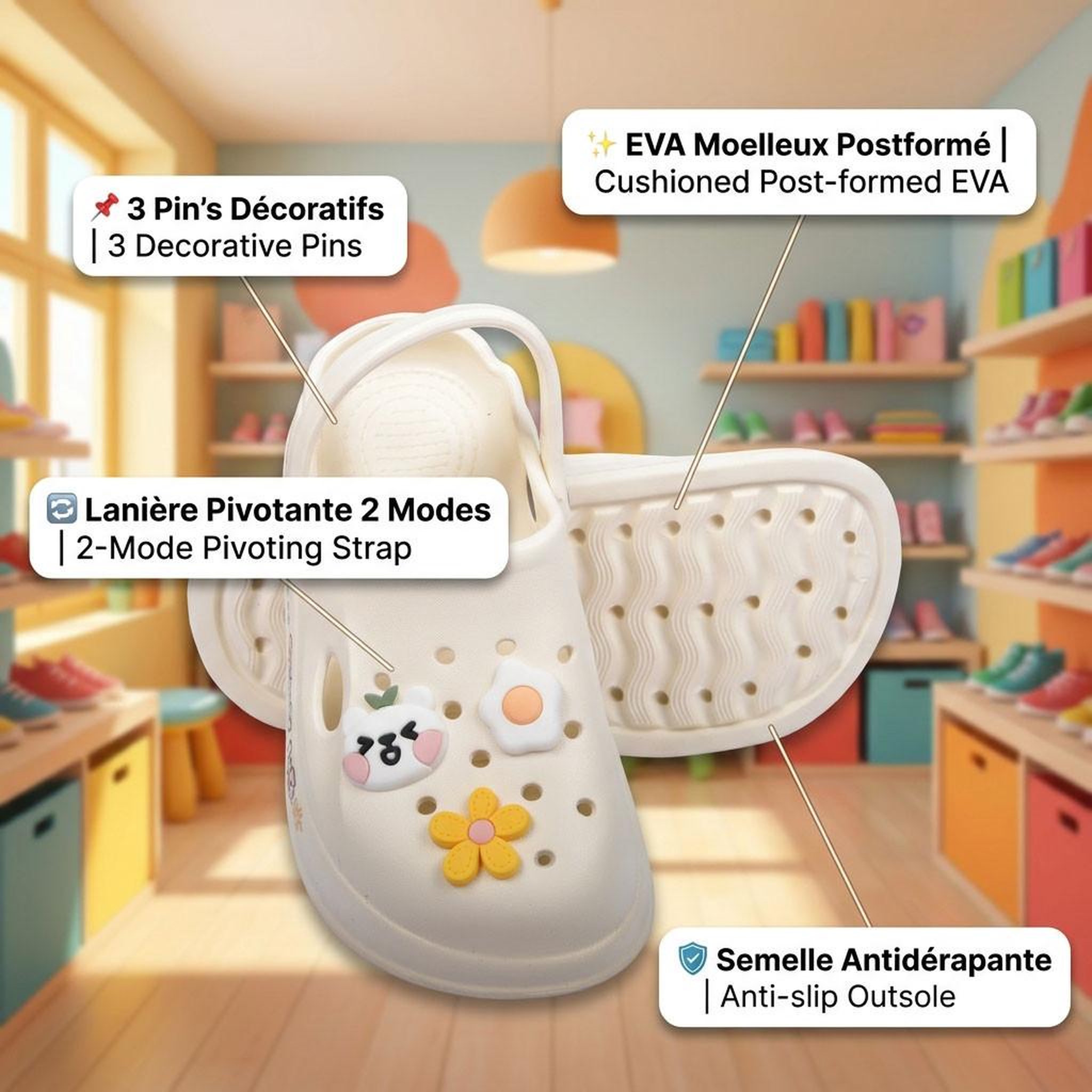 Voir la diapositive 4 : OZABI OZABI Sabot Enfant EVA Moelleux - 3 Pin's Décoratifs - Lanière Pivotante
