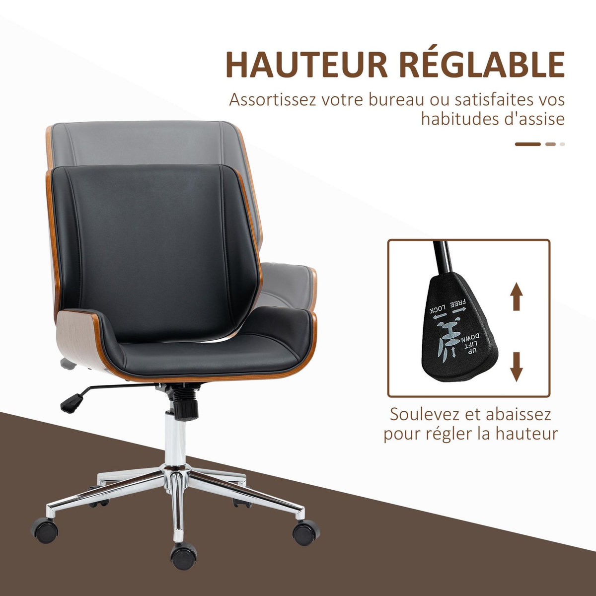 VINSETTO Chaise de bureau manager design vintage pivotante hauteur réglable bois peuplier acier chromé revêtement mixte synthétique tissu noir