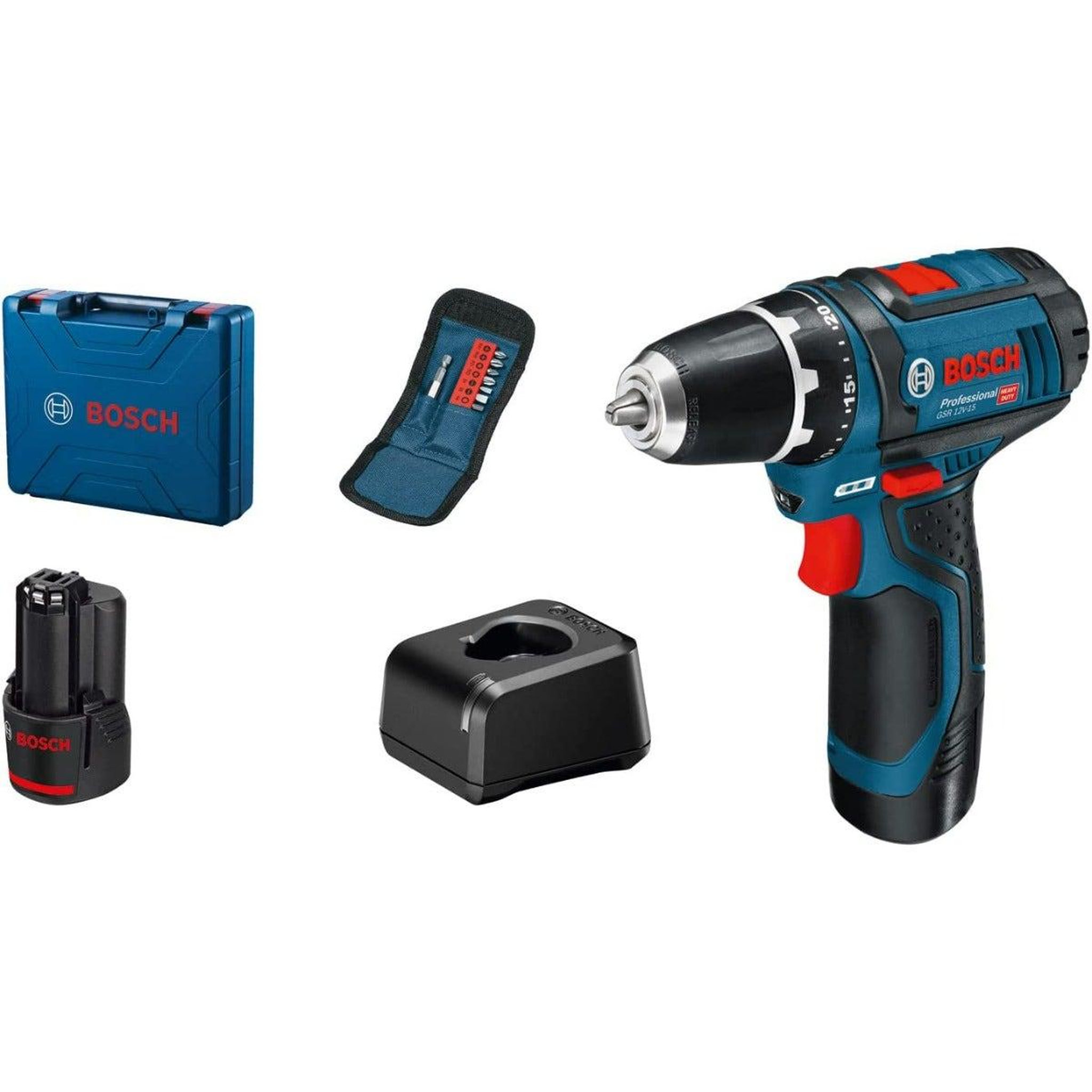 Bosch Professional Perceuse-visseuse sans fil gsr 12v-15 professional 12v + 2 batteries 2ah + 1 chargeur rapide + coffret + set de 10 embouts