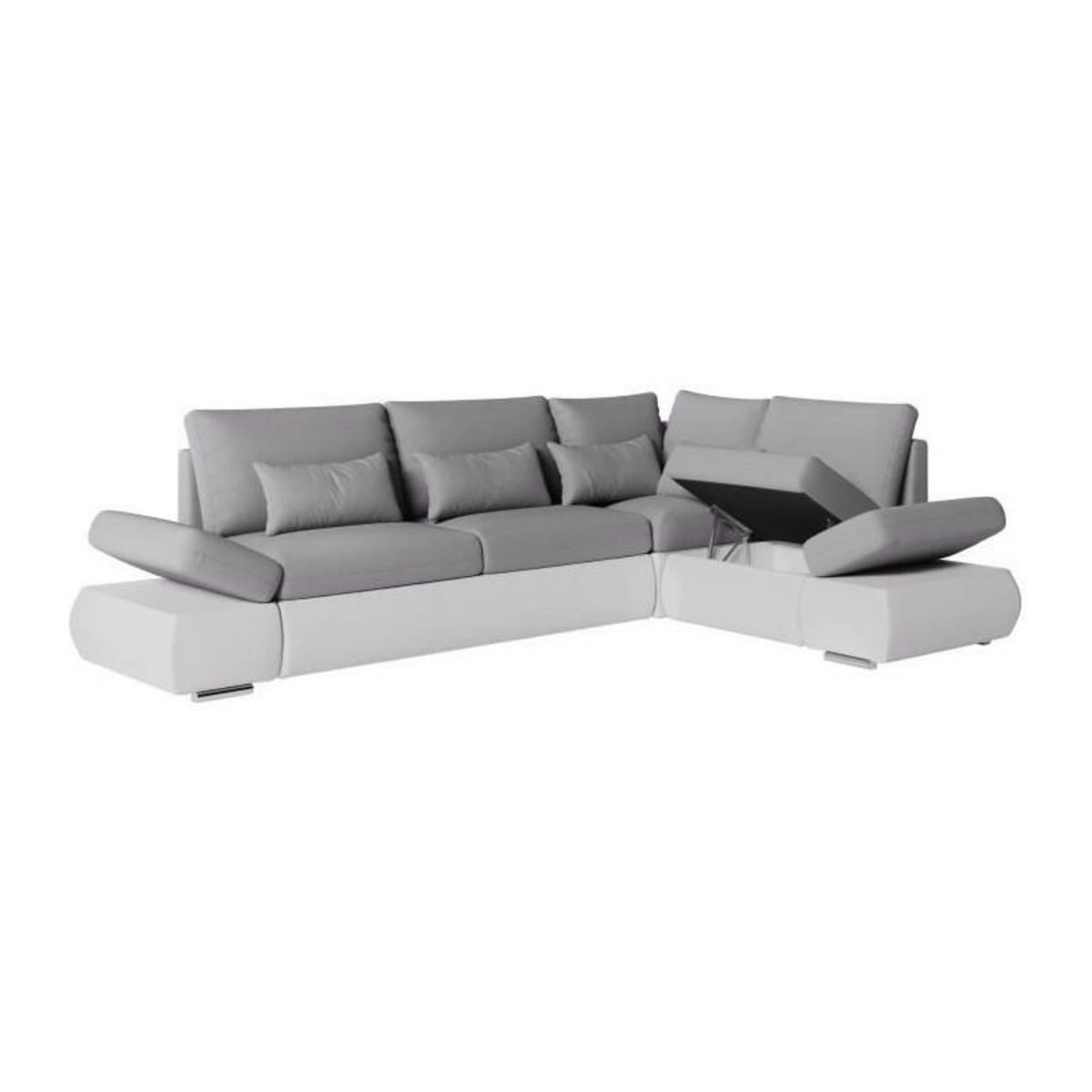 LOUNGITUDE Canapé d'angle réversible convertible SEVARA 4 places - PU blanc et tissu gris clair - Coffre de rangement - L267 x P200 x H90