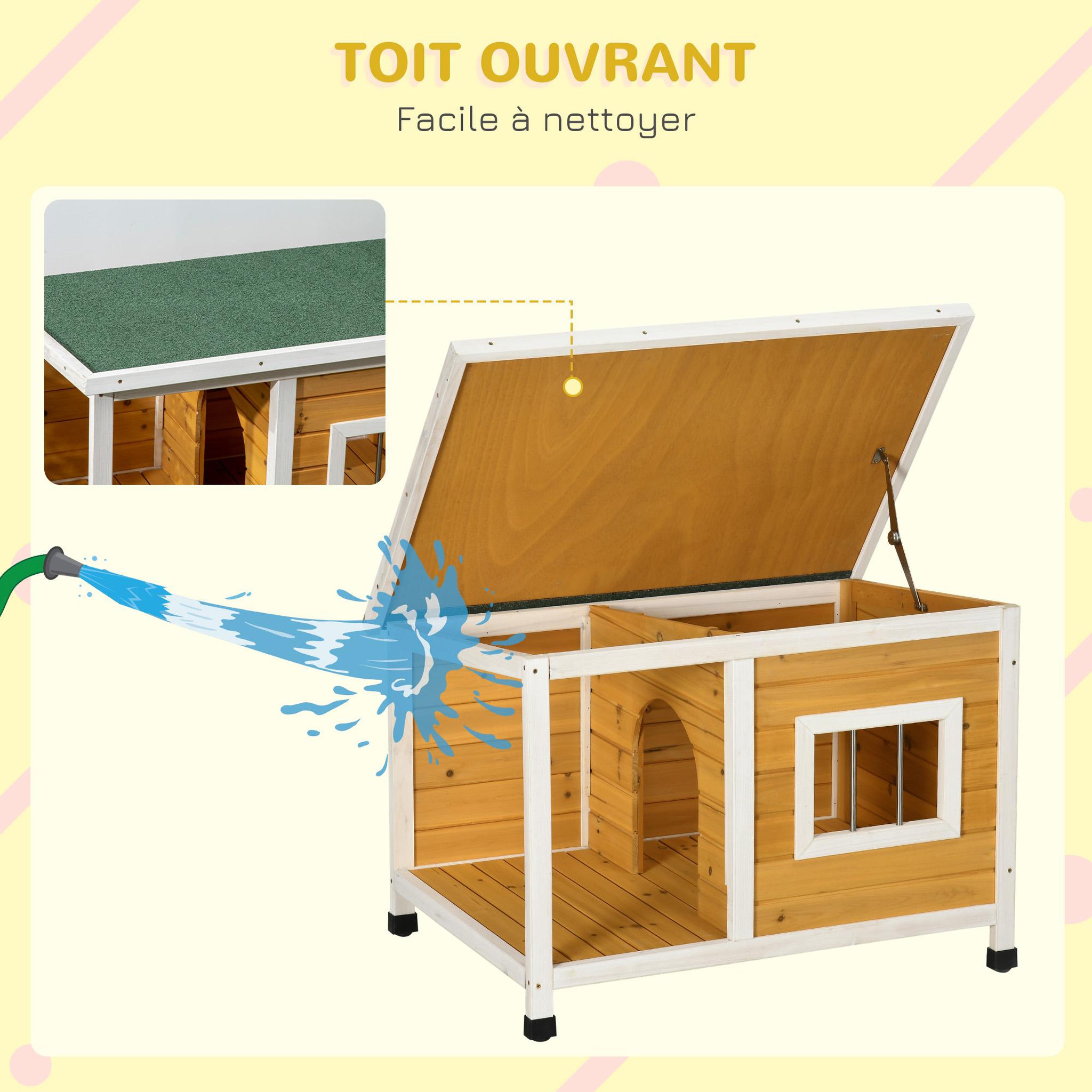Voir la diapositive 4 : PAWHUT Niche lodge chien avec terrasse couverte sur pied - toit bitumé ouvrant, fenêtre - bois sapin pré-huilé blanc