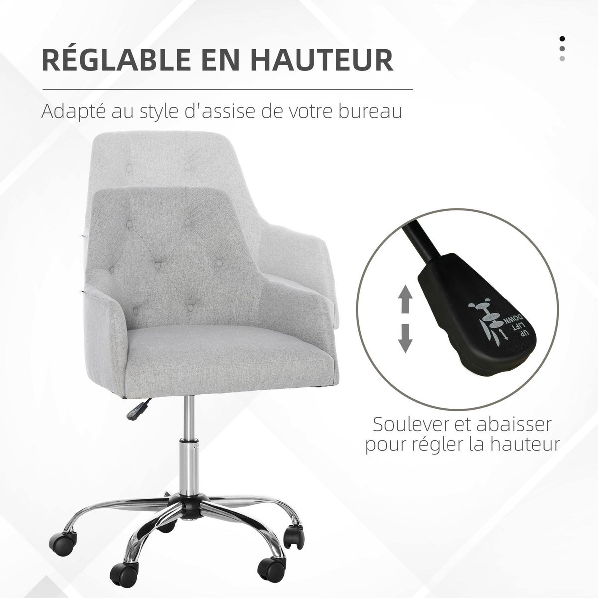 VINSETTO Chaise de bureau design Chesterfield capitonné hauteur réglable pivotant 360° piètement chromé tissu gris