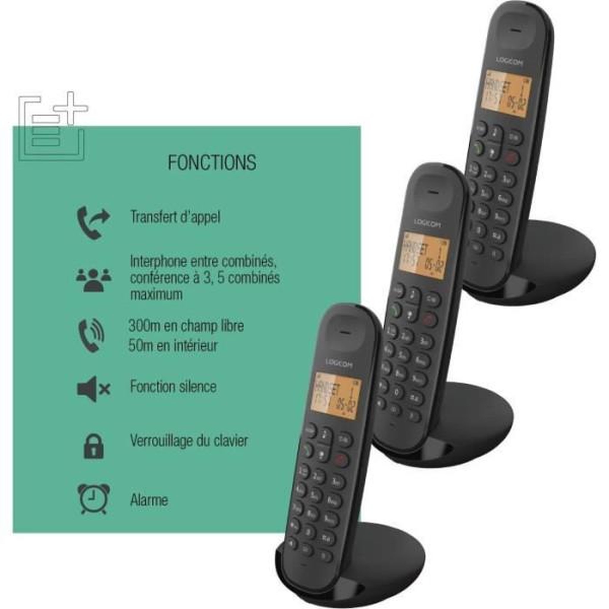 Voir la diapositive 6 : Logicom Téléphone fixe sans fil - LOGICOM - DECT ILOA 350 TRIO - Noir - Sans répondeur