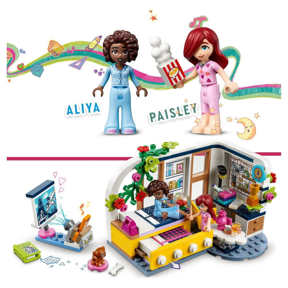 LEGO Friends 41740 La chambre d'Aliya, Jouet pour Filles et Garçons, Soirée Pyjama, à Collectionner, avec Figurine Paisley et Aira le Chiot