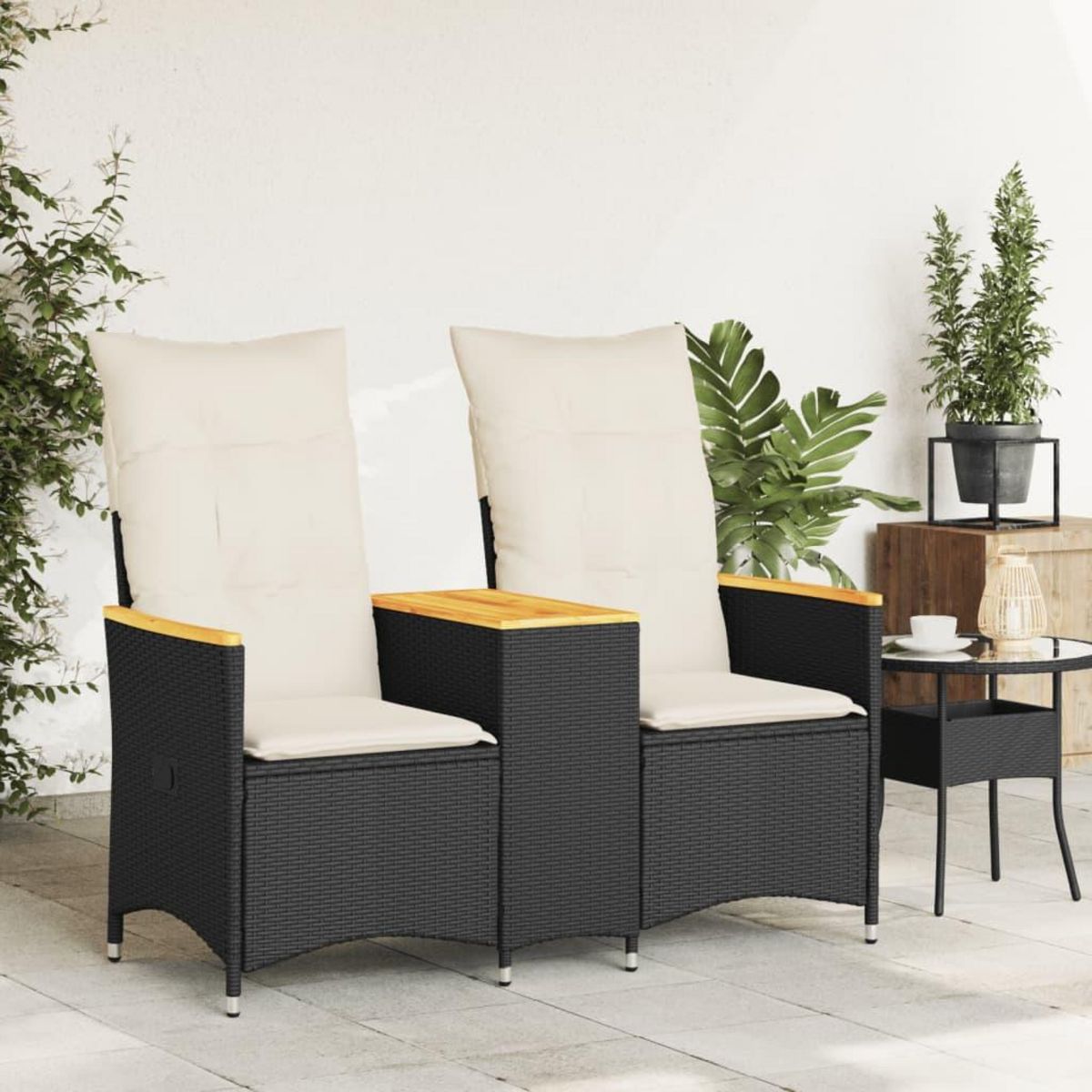 VIDAXL Canape de jardin inclinable 2 places avec table noir poly rotin