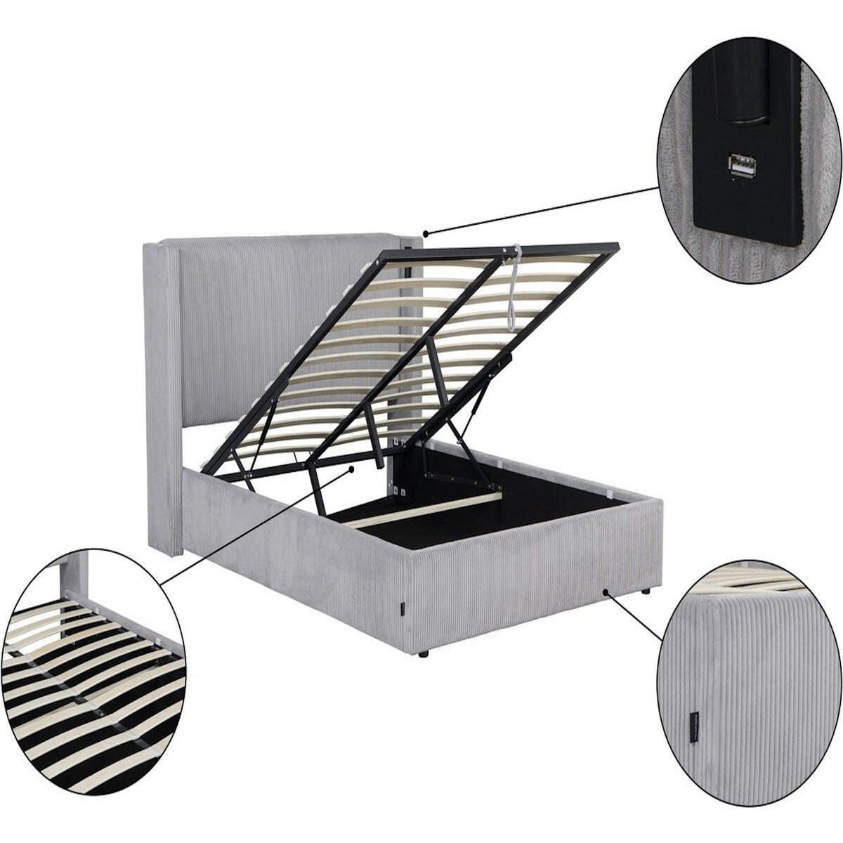 Habitat et Jardin Lit double en velours côtelé avec coffre et lampe intégré  Cortina  - 140 x 190 cm - Gris