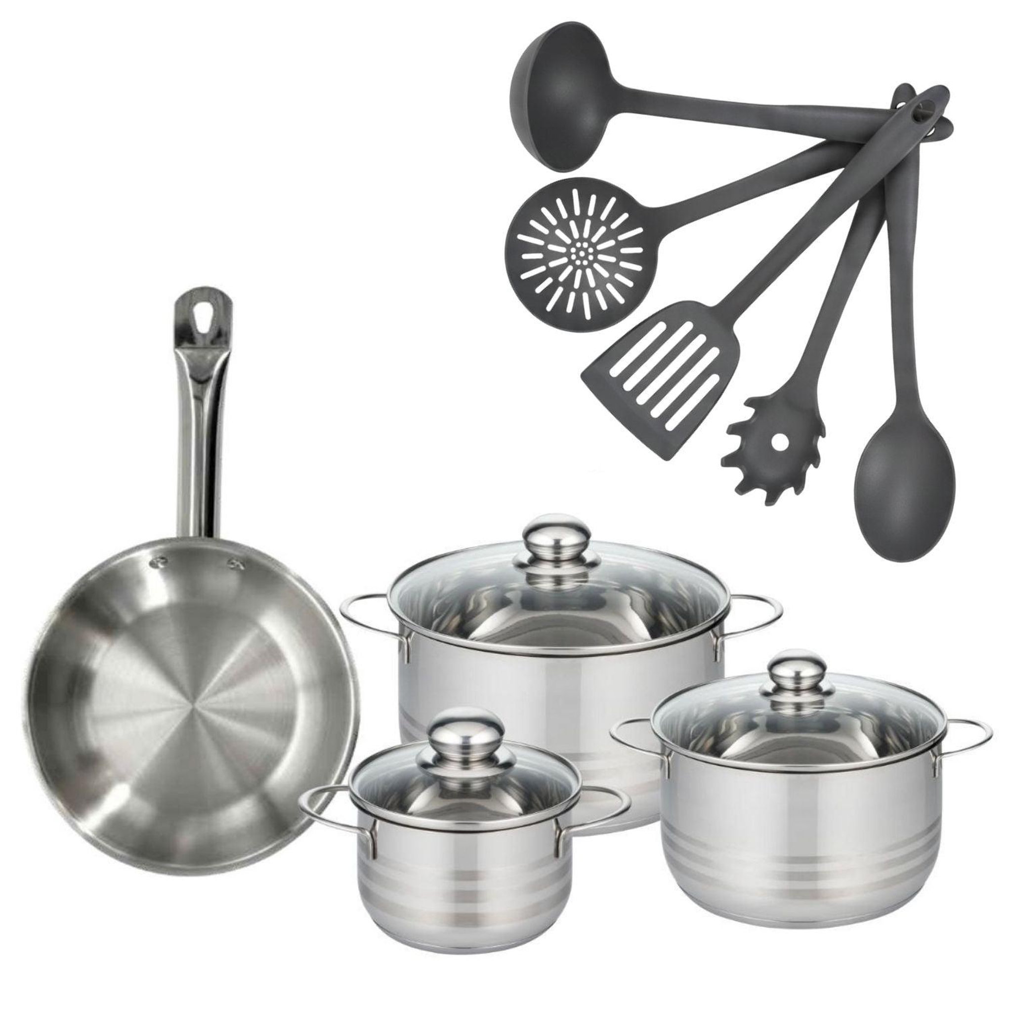 Fackelmann Batterie de cuisine avec 3 faitouts 16/20/24 cm et 1 poêle 24 cm avec 5 ustensiles de cuisine fackelmann etherna brillant clip