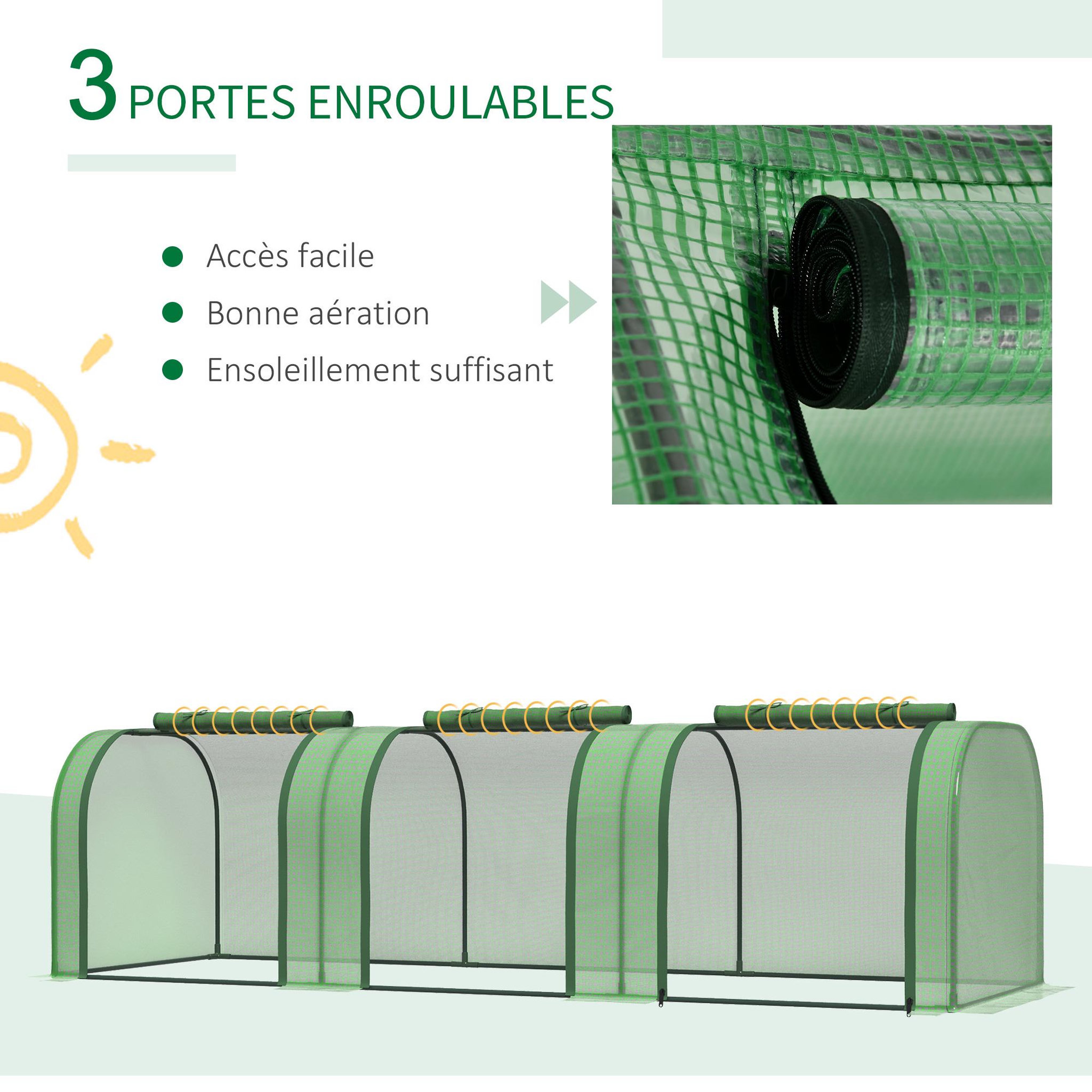 Voir la diapositive 6 : OUTSUNNY Mini serre de jardin serre à tomates 2,95l x 1l x 0,8h m acier pe haute densité 140 g/m² anti-uv 3 fenêtres zip enroulables vert