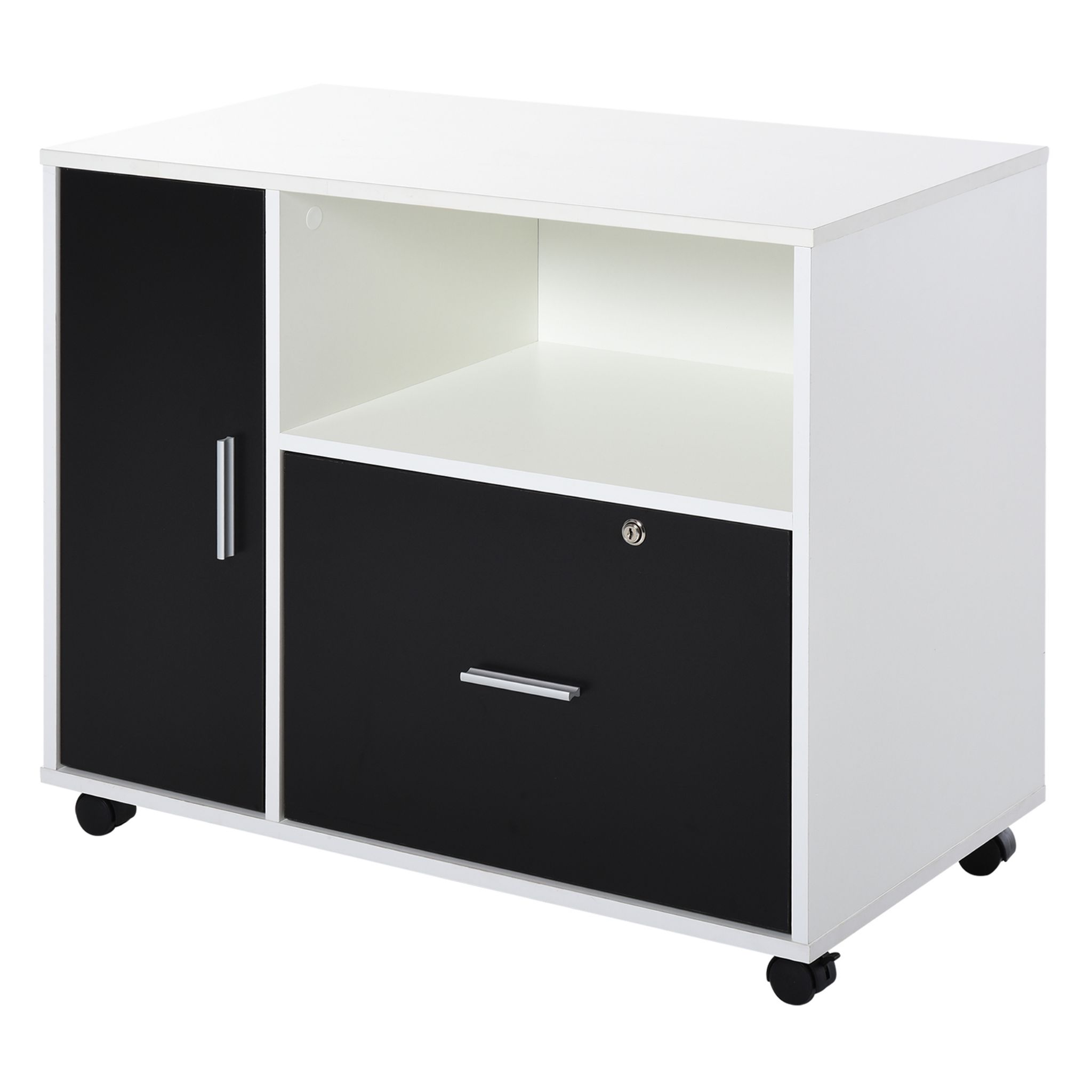 Support Imprimante HOMCOM | 3 Tiroirs + 2 Niches | Roulettes | Panneaux Particules Blanc