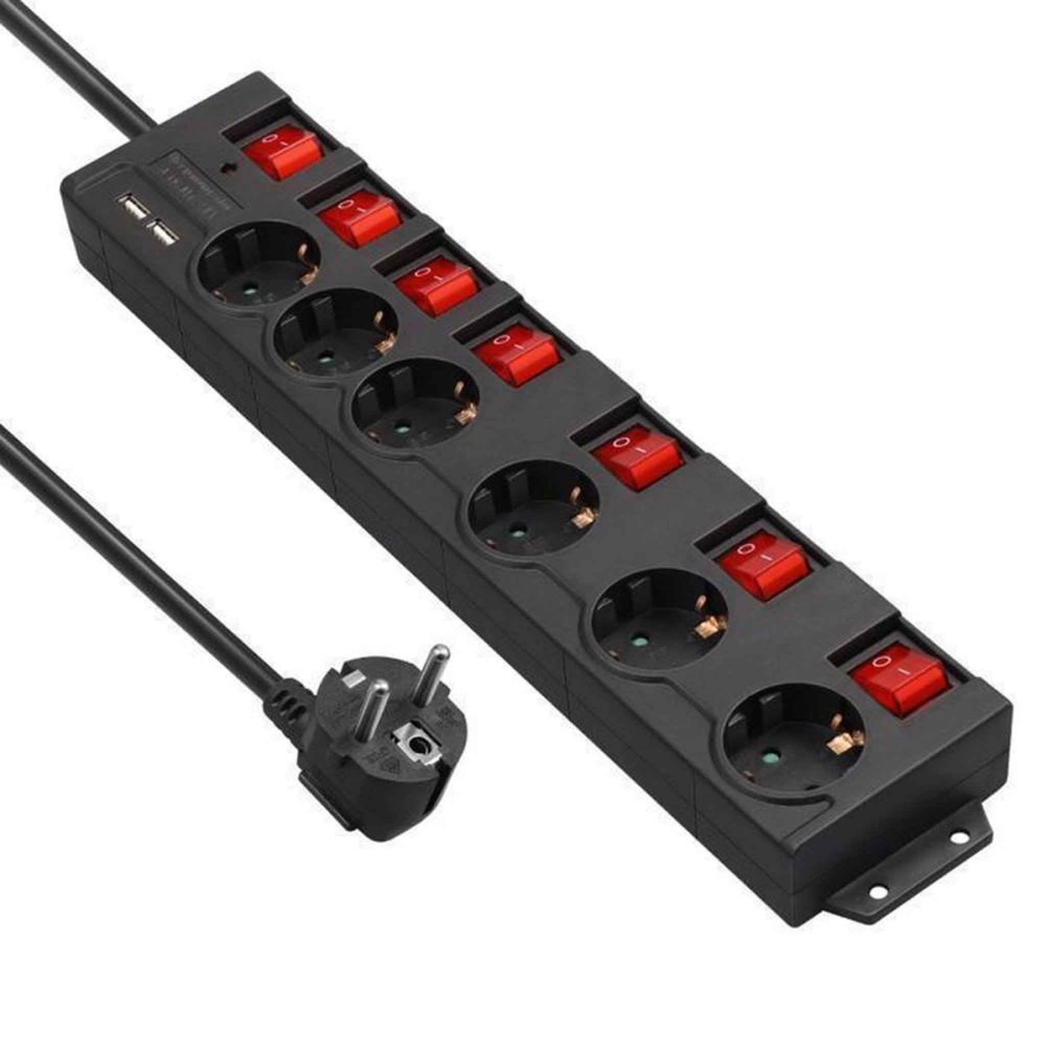 Multiprise DEWENWILS avec protection surtension, 6 prises secteur 16A 3680W, 2 ports USB 5V 2,1A et 7 interrupteurs individuels LED, noire