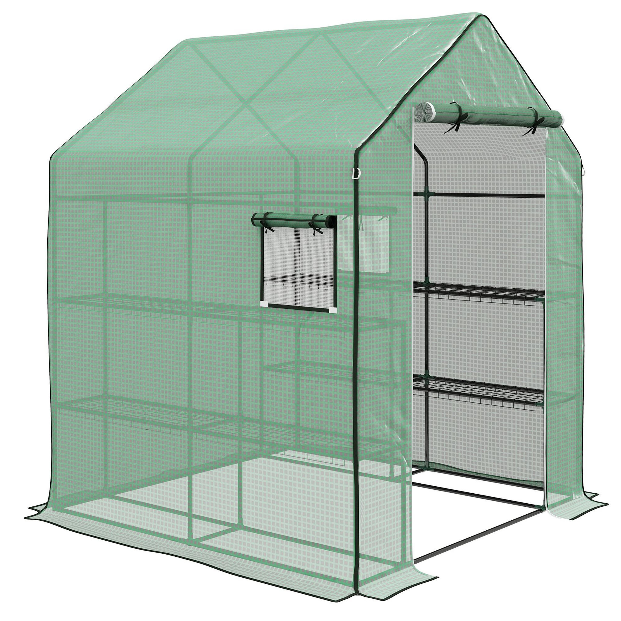 OUTSUNNY Serre de jardin 4 tablettes dim. 1,4l x 1,43l x 1,9h m porte déroulante fenêtre acier pe haute densité vert