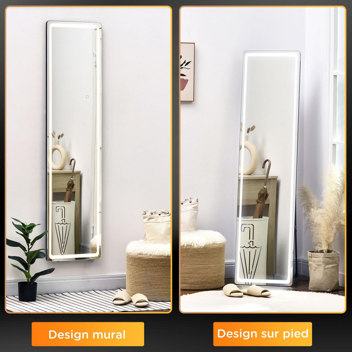 HOMCOM Miroir LED sur pied ou mural au choix - intensité et couleur réglable - télécommande incluse - verre alu. noir