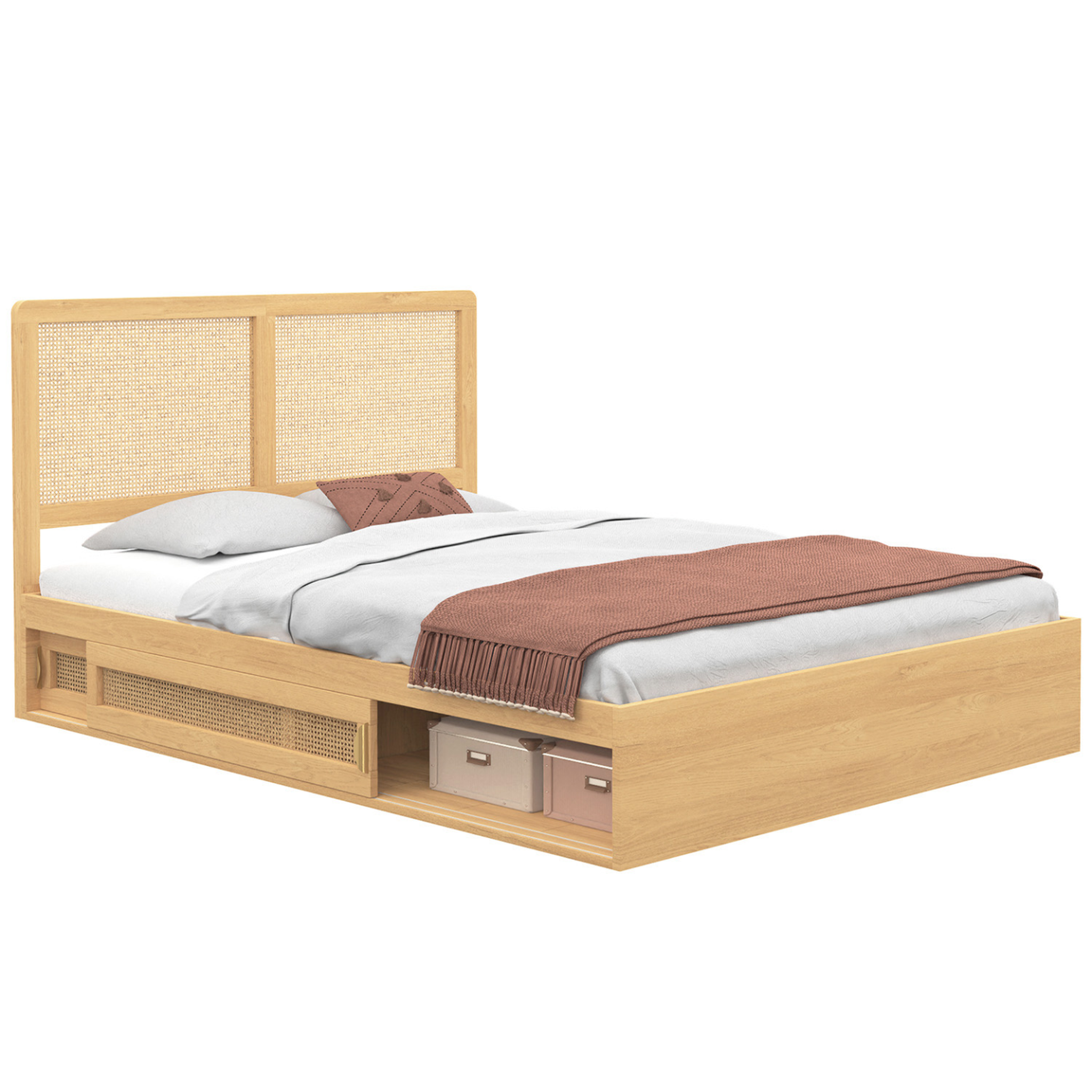 ID MARKET Lit double edhen avec rangements + tête de lit effet cannage naturel et sommier 140 x 190 cm coloris bois