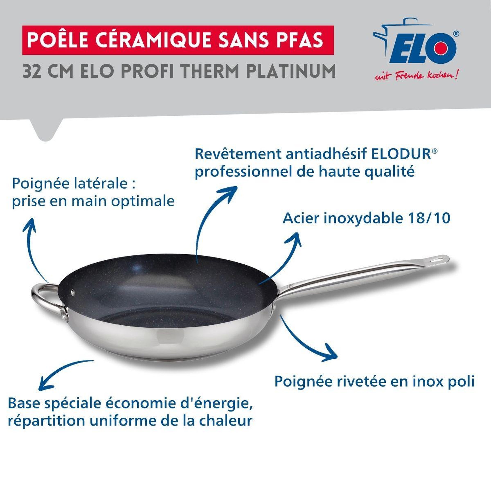 Voir la diapositive 3 : ELO Set poêle 32 cm céramique sans pfas et couvercle profi therm platinum elo