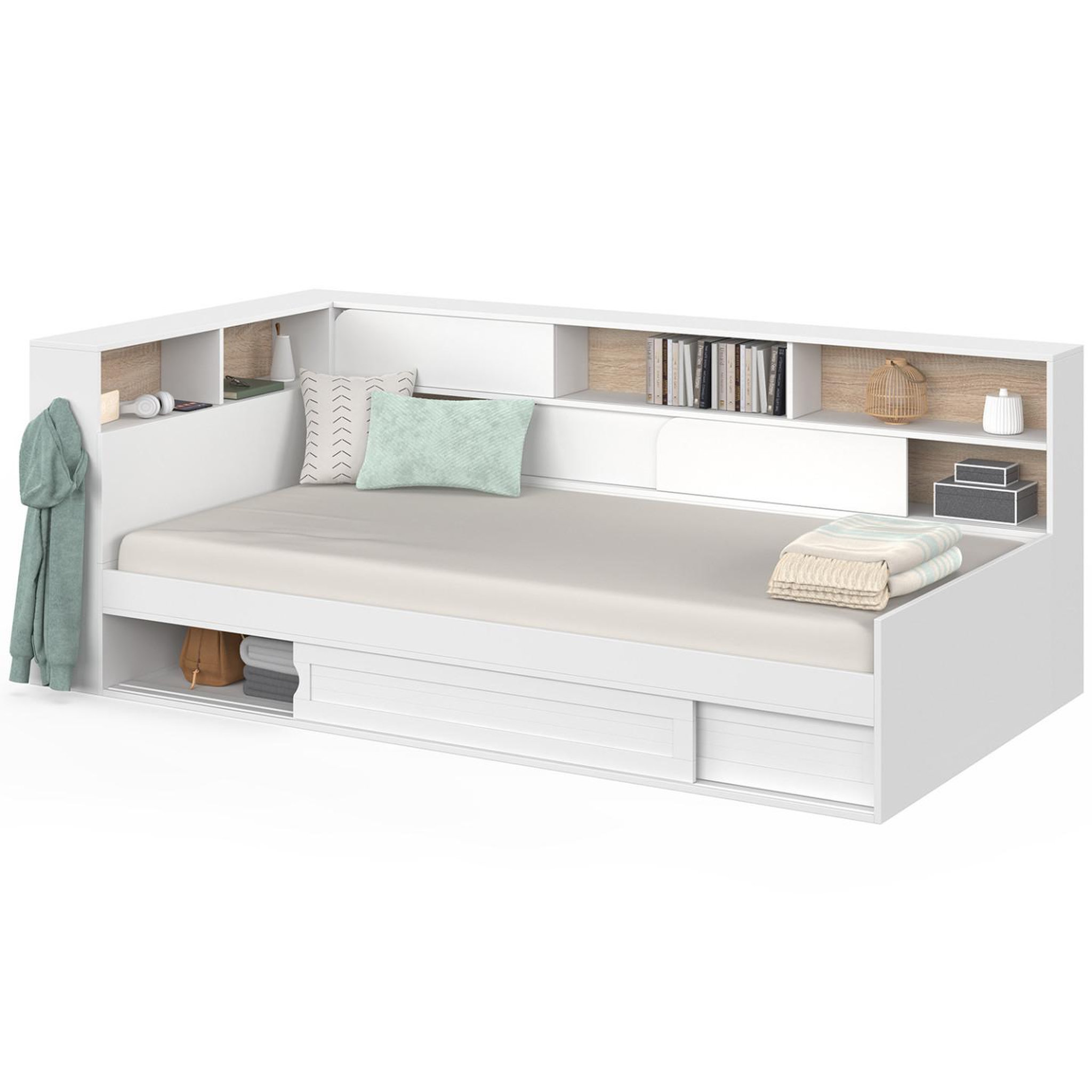 Voir la diapositive 5 : ID MARKET Lit simple timothee avec rangements, tête de lit avec niches et sommier 90 x 190 cm blanc et hêtre