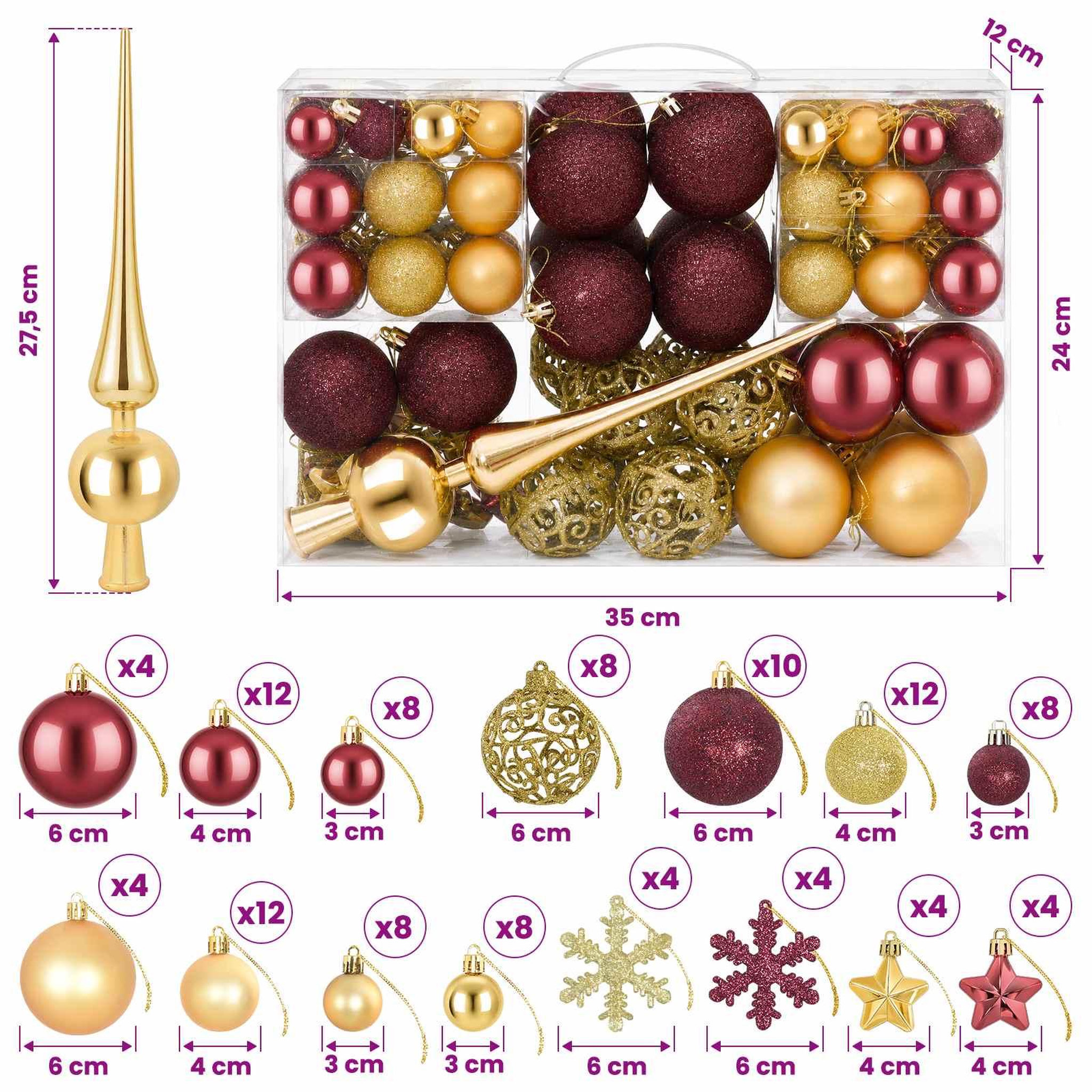 Voir la diapositive 3 : VIDAXL Ensemble de boules de Noël 111 pc Or et rouge bordeaux