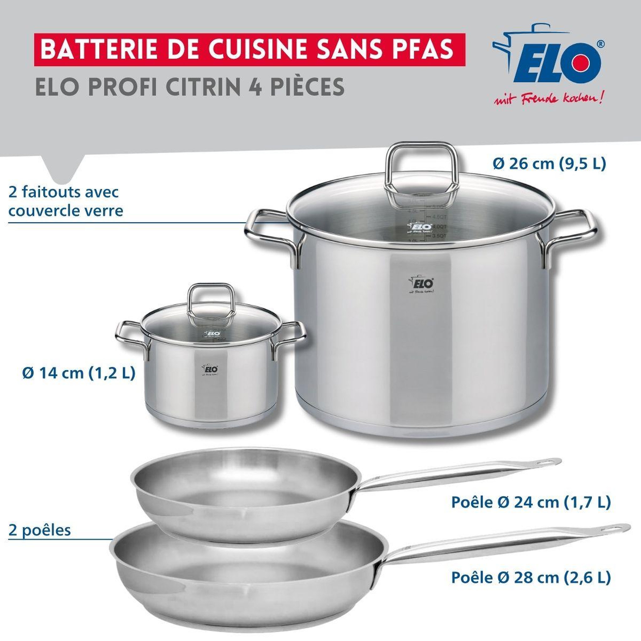 Voir la diapositive 2 : ELO Set de 2 poêles de cuisson 24 et 28 cm et 2 faitouts 14 et 26 cm elo profi citrin