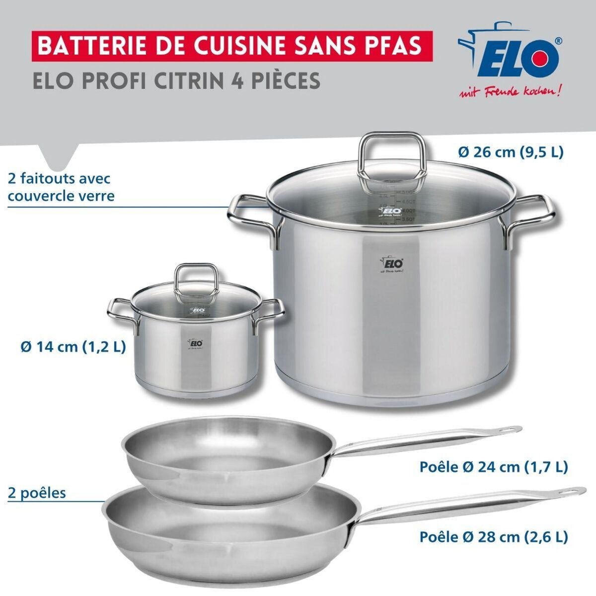 ELO Set de 2 Poêles de cuisson 24 et 28 cm et 2 faitouts 14 et 26 cm Elo Profi Citrin