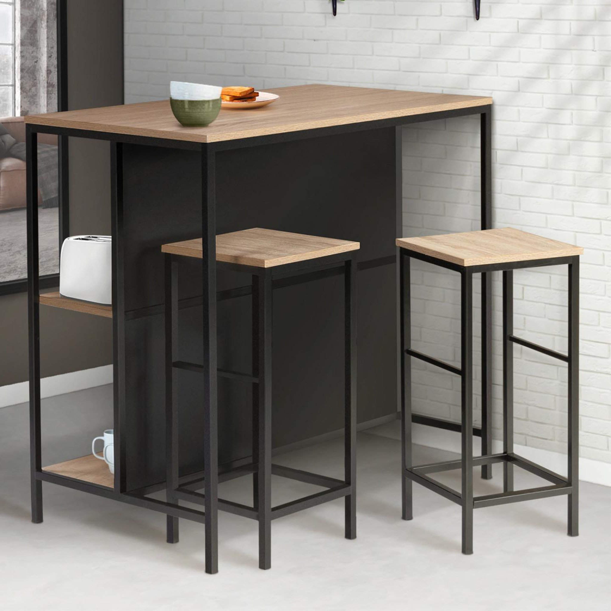 Voir la diapositive 2 : ID MARKET Ensemble table de bar îlot detroit et 2 tabourets design industriel