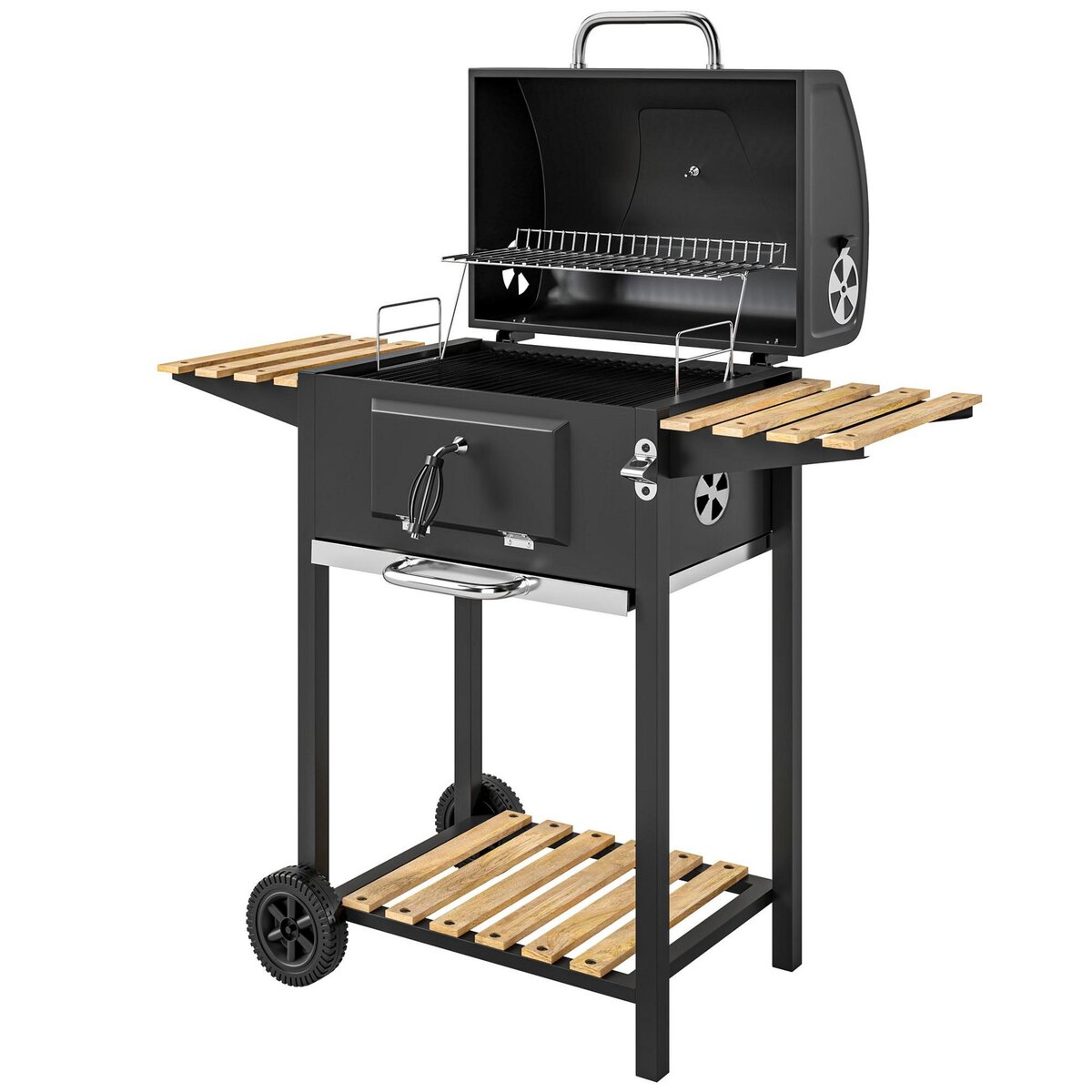 OUTSUNNY Barbecue charbon de bois avec couvercle 2 roues - hauteur grille réglable, thermomètre, 3 étagères - acier noir bois