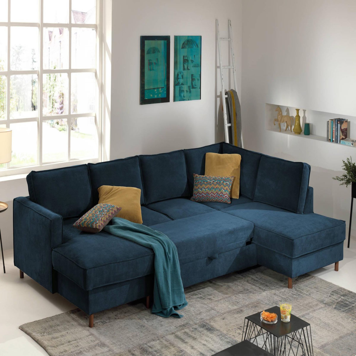 LISA DESIGN Jake - canapé panoramique d'angle droit - convertible avec coffre - 7 places - en velours côtelé