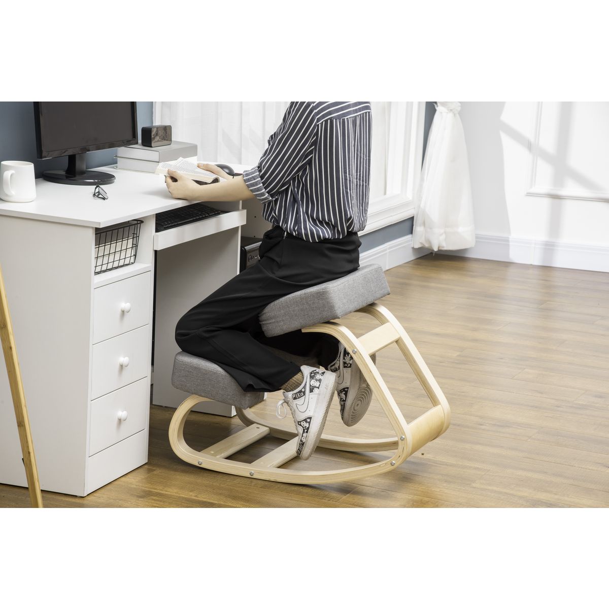 VINSETTO Tabouret ergonomique - siège assis à genoux - chaise à genoux grand confort - bois bouleau polyester gris