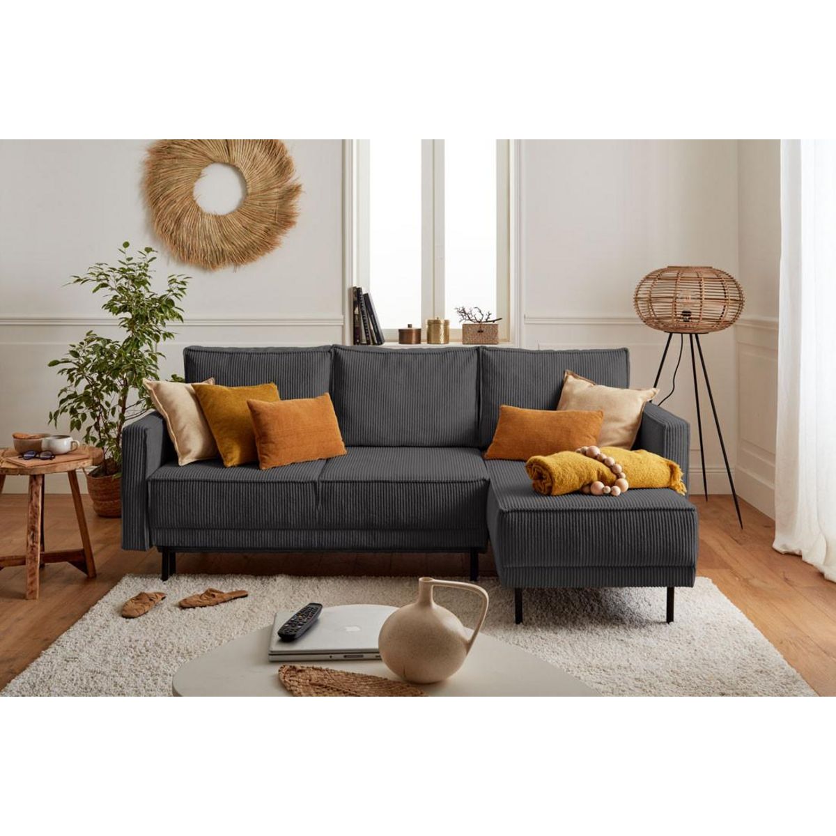 LISA DESIGN Charlie - canapé d'angle réversible - 4 places - convertible avec coffre - en velours côtelé